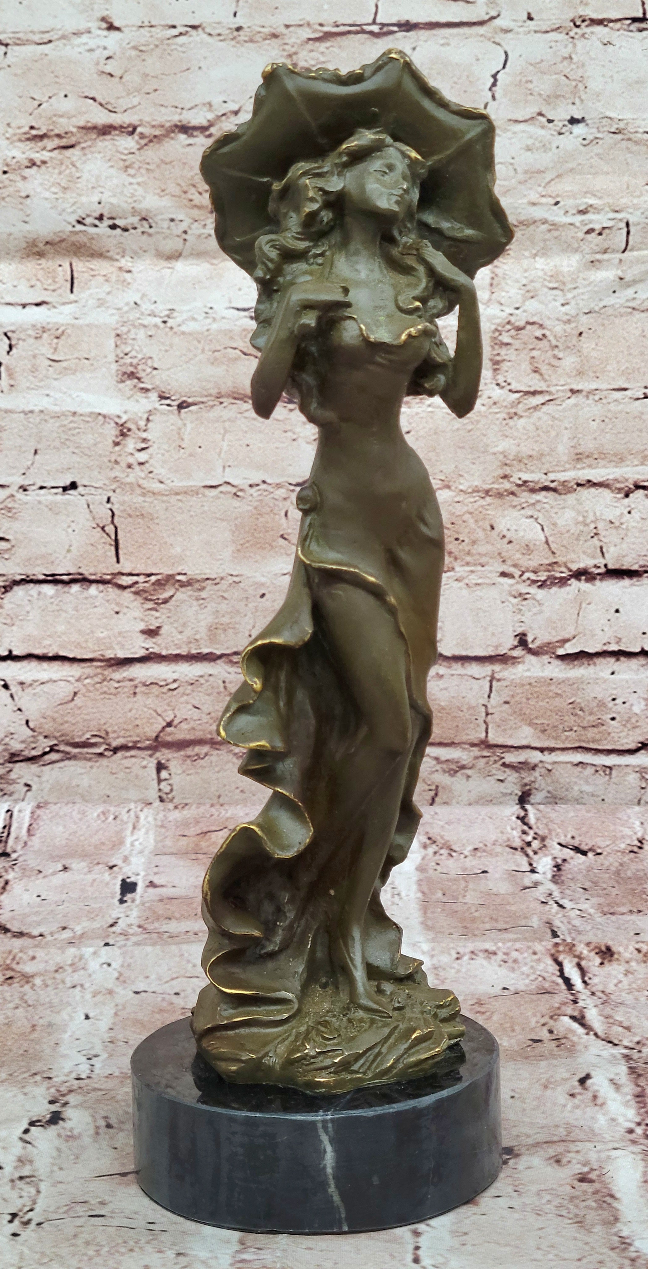 Genuine Bronze Victorian Woman Statue with Umbrella – Classic Sculpture Figurine