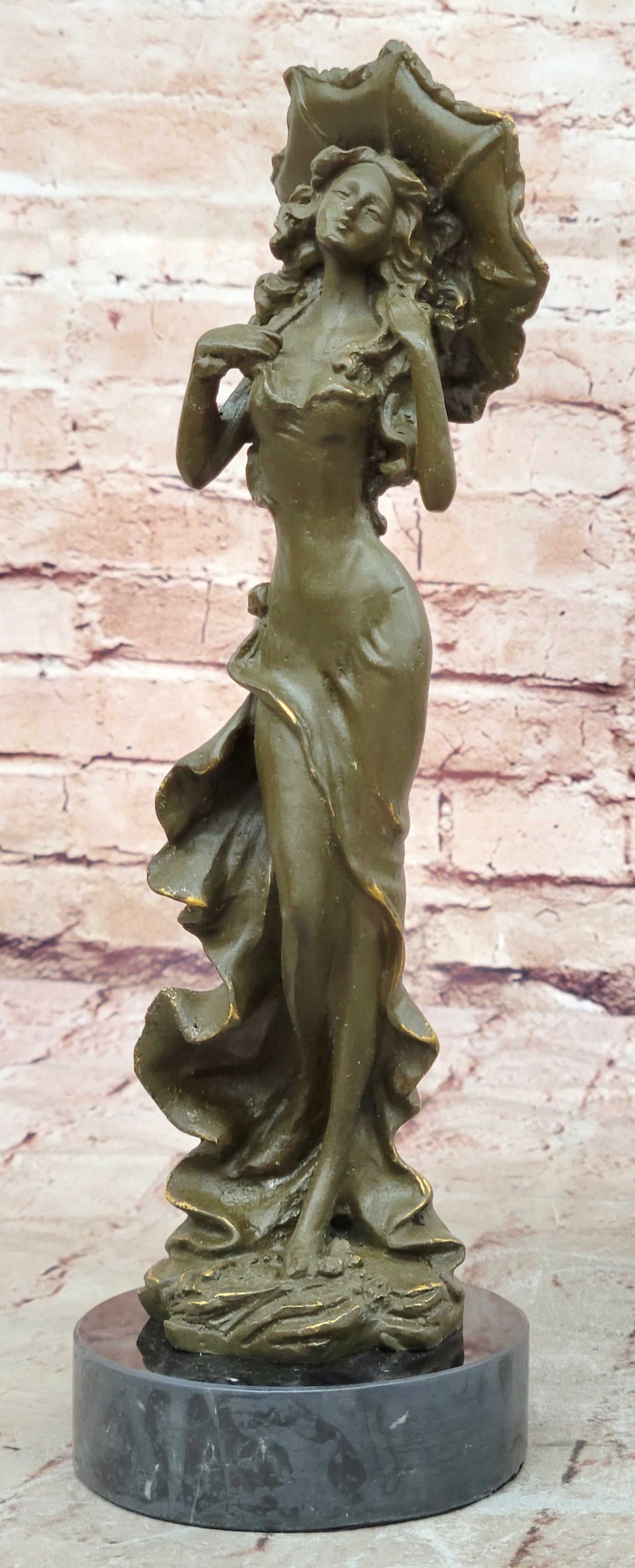 Genuine Bronze Victorian Woman Statue with Umbrella – Classic Sculpture Figurine