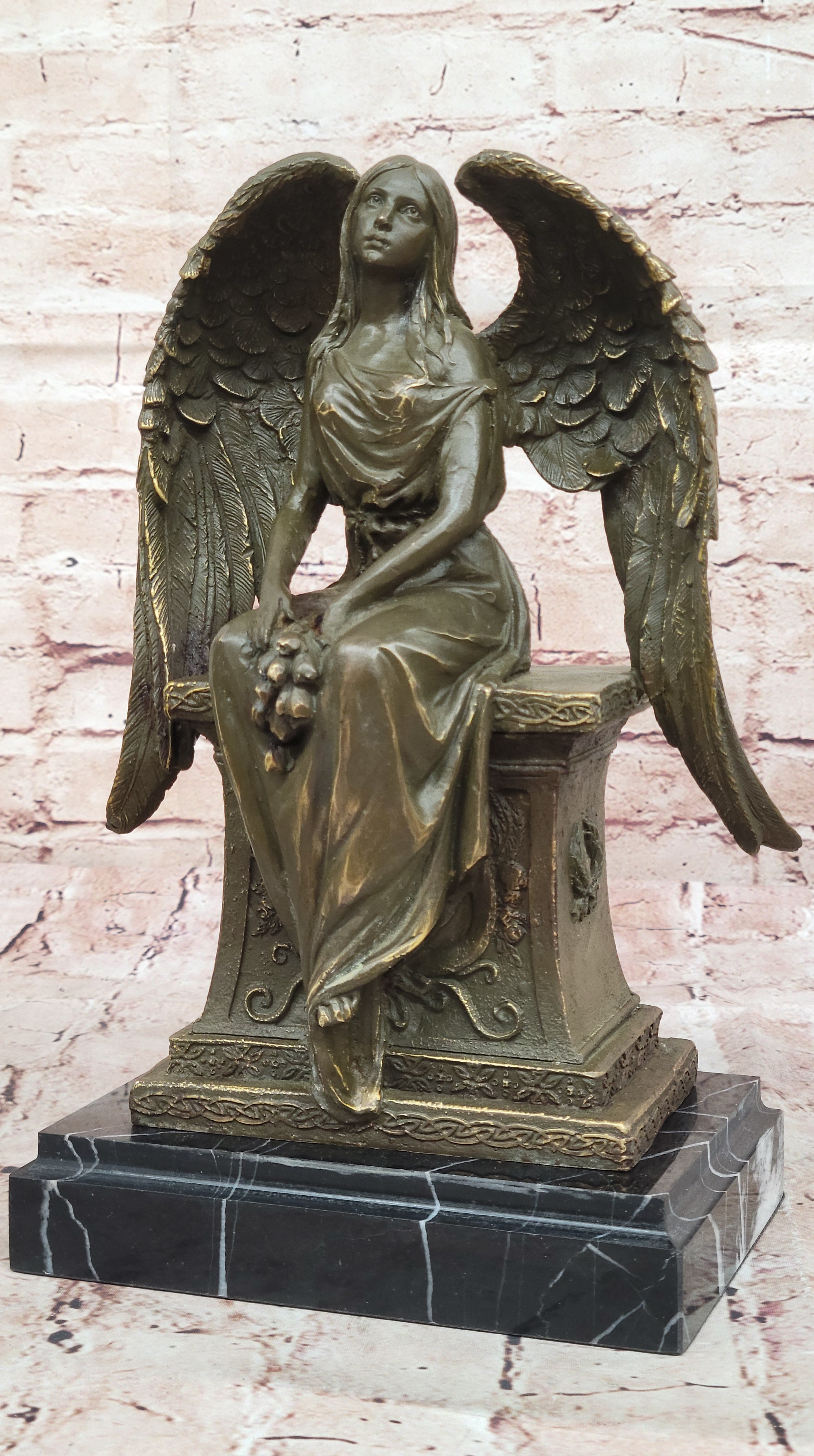 Bronze Angel Statue by Moreau Sculpture Sitting on Headstone with Flower Collectible Figurine