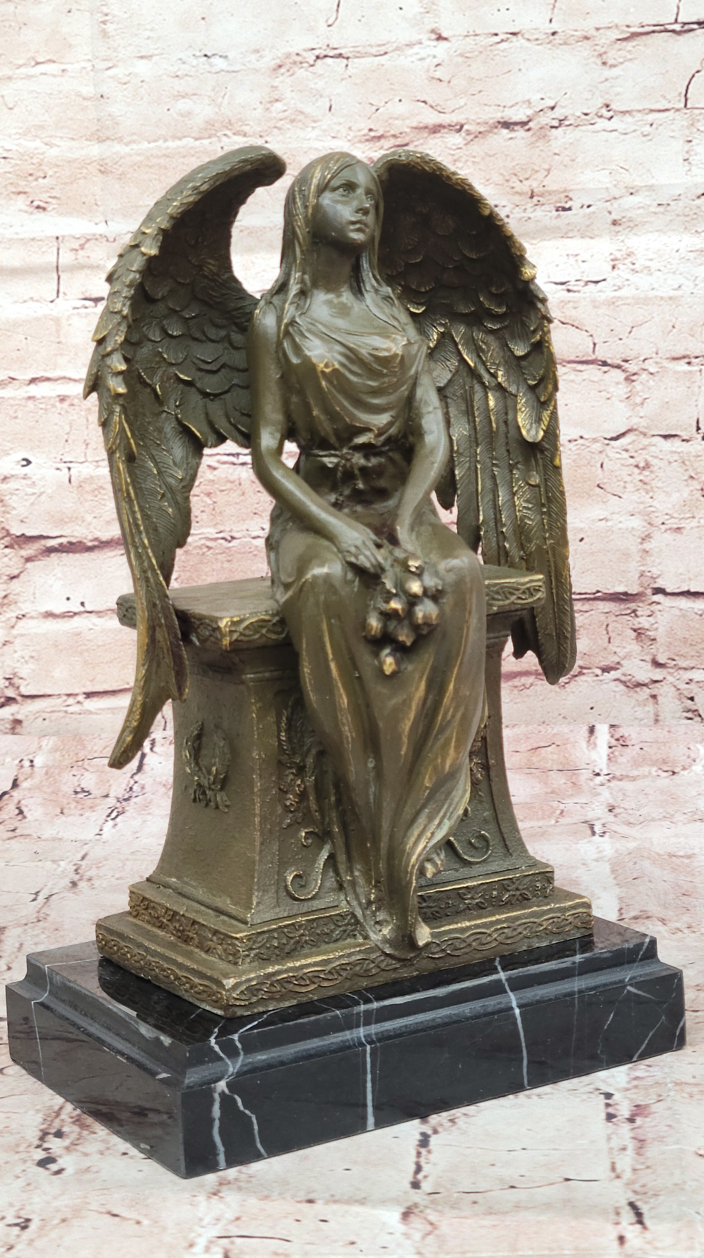 Bronze Angel Statue by Moreau Sculpture Sitting on Headstone with Flower Collectible Figurine