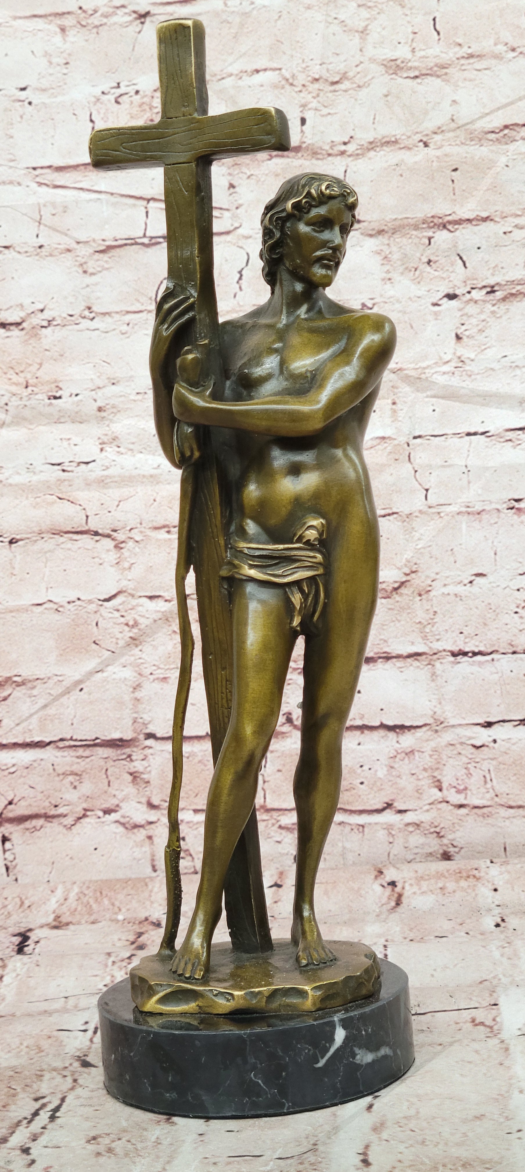 Signed Miguel Lopez Bronze Jesus with Cross Statue Church Decor Artwork