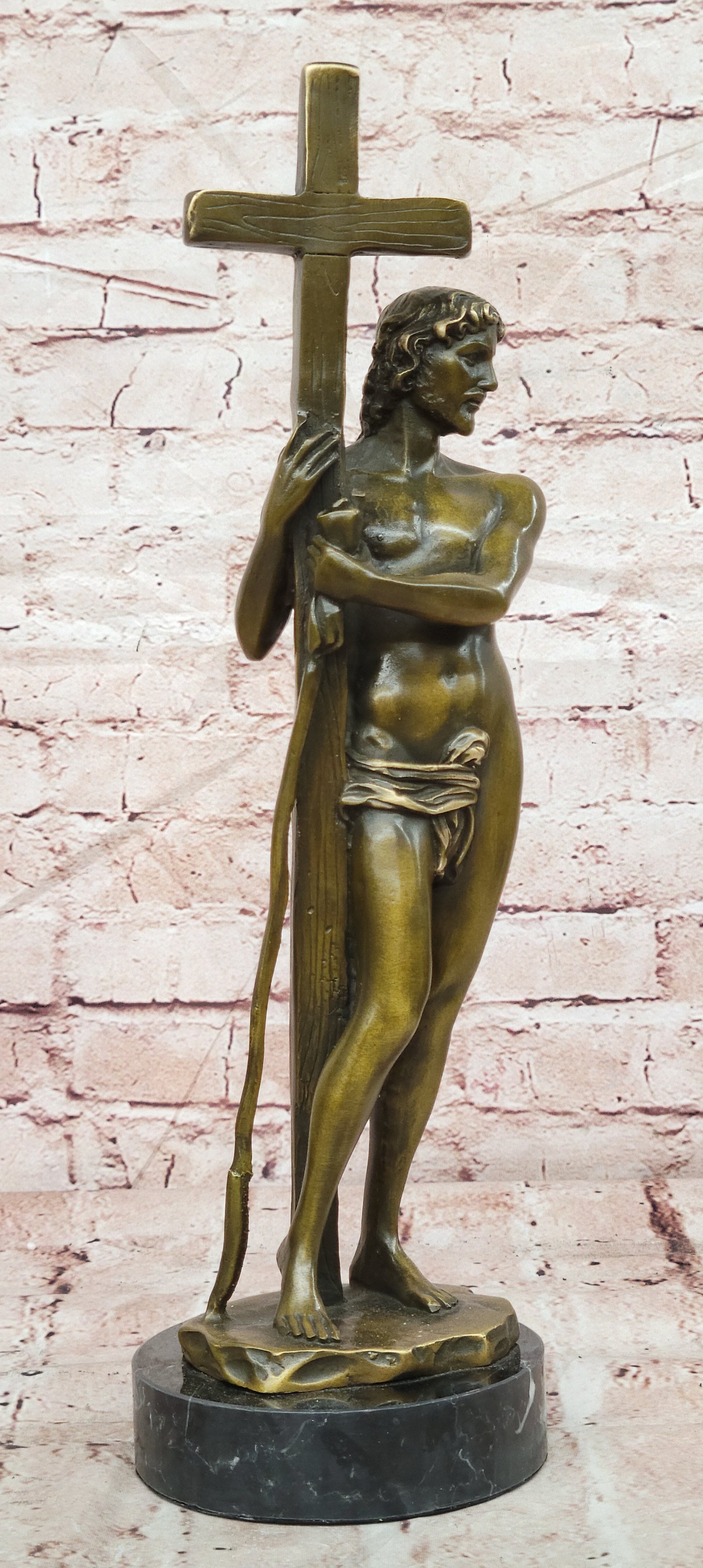 Signed Miguel Lopez Bronze Jesus with Cross Statue Church Decor Artwork