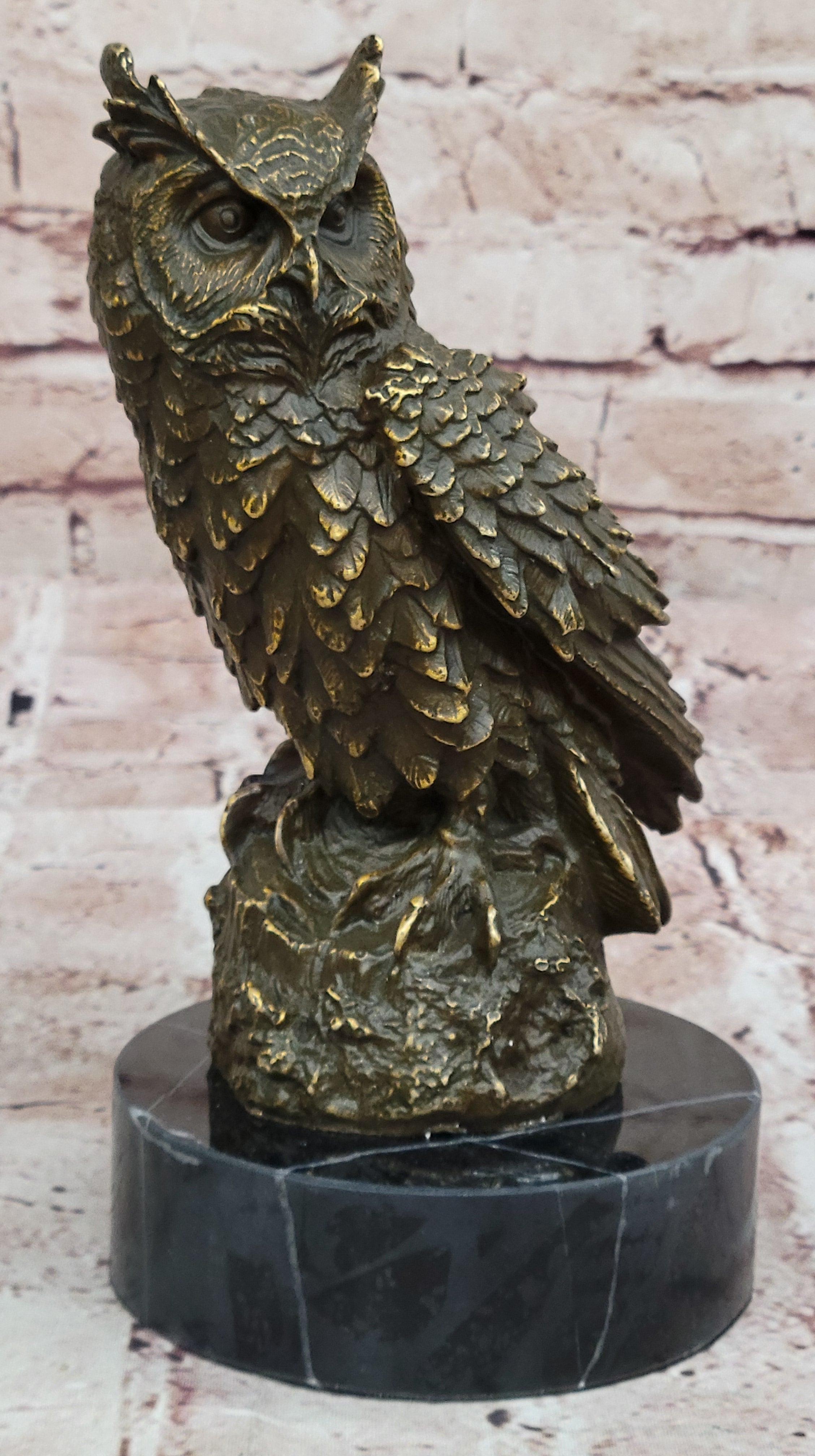 Bronze Owl on Marble Base Statue Signed Williams Bird Sculpture Figurine Decor