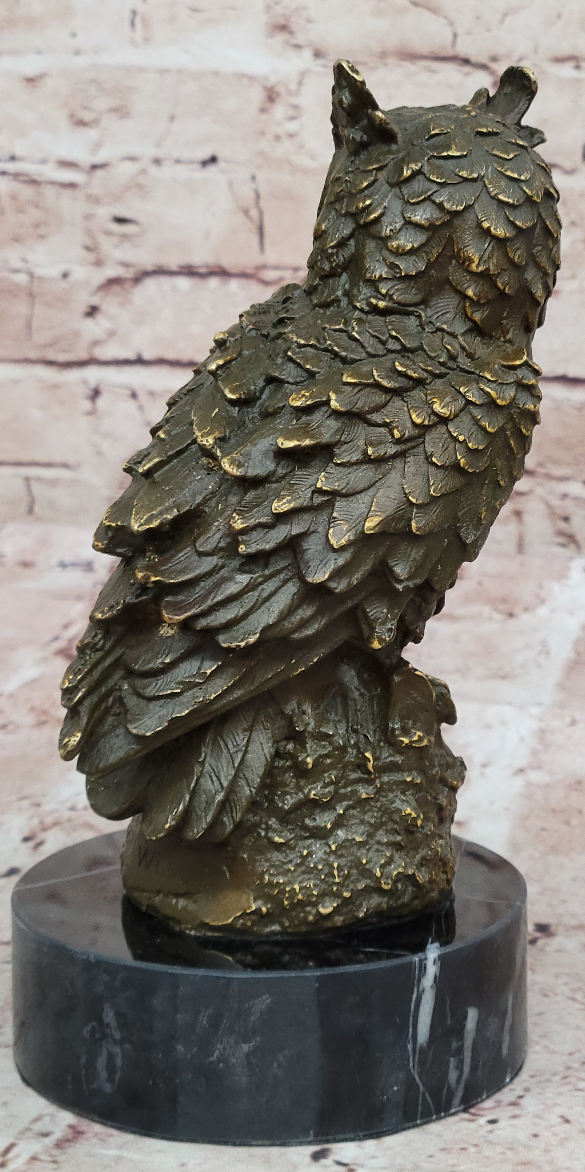 Bronze Owl on Marble Base Statue Signed Williams Bird Sculpture Figurine Decor