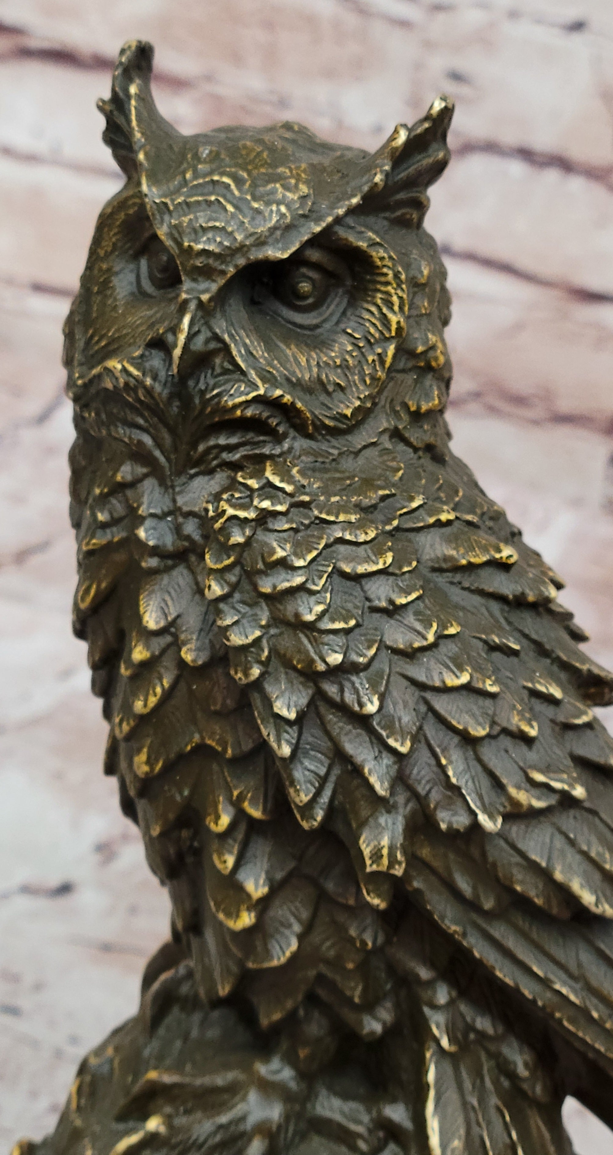 Bronze Owl on Marble Base Statue Signed Williams Bird Sculpture Figurine Decor