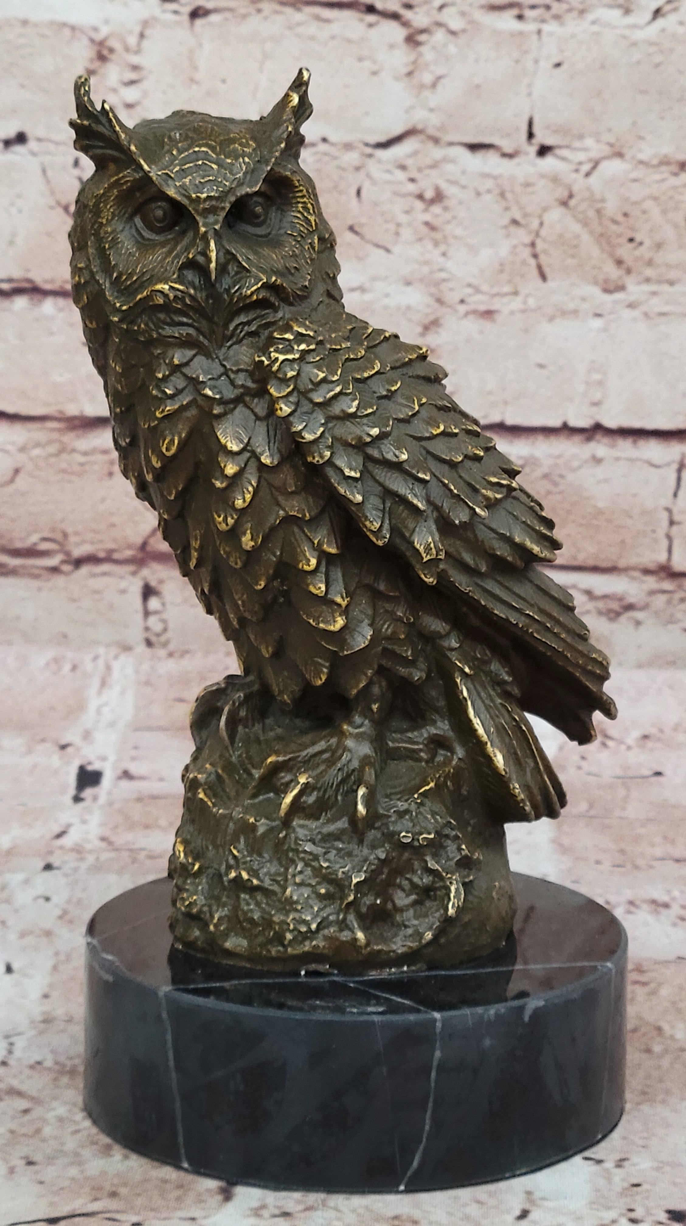 Bronze Owl on Marble Base Statue Signed Williams Bird Sculpture Figurine Decor