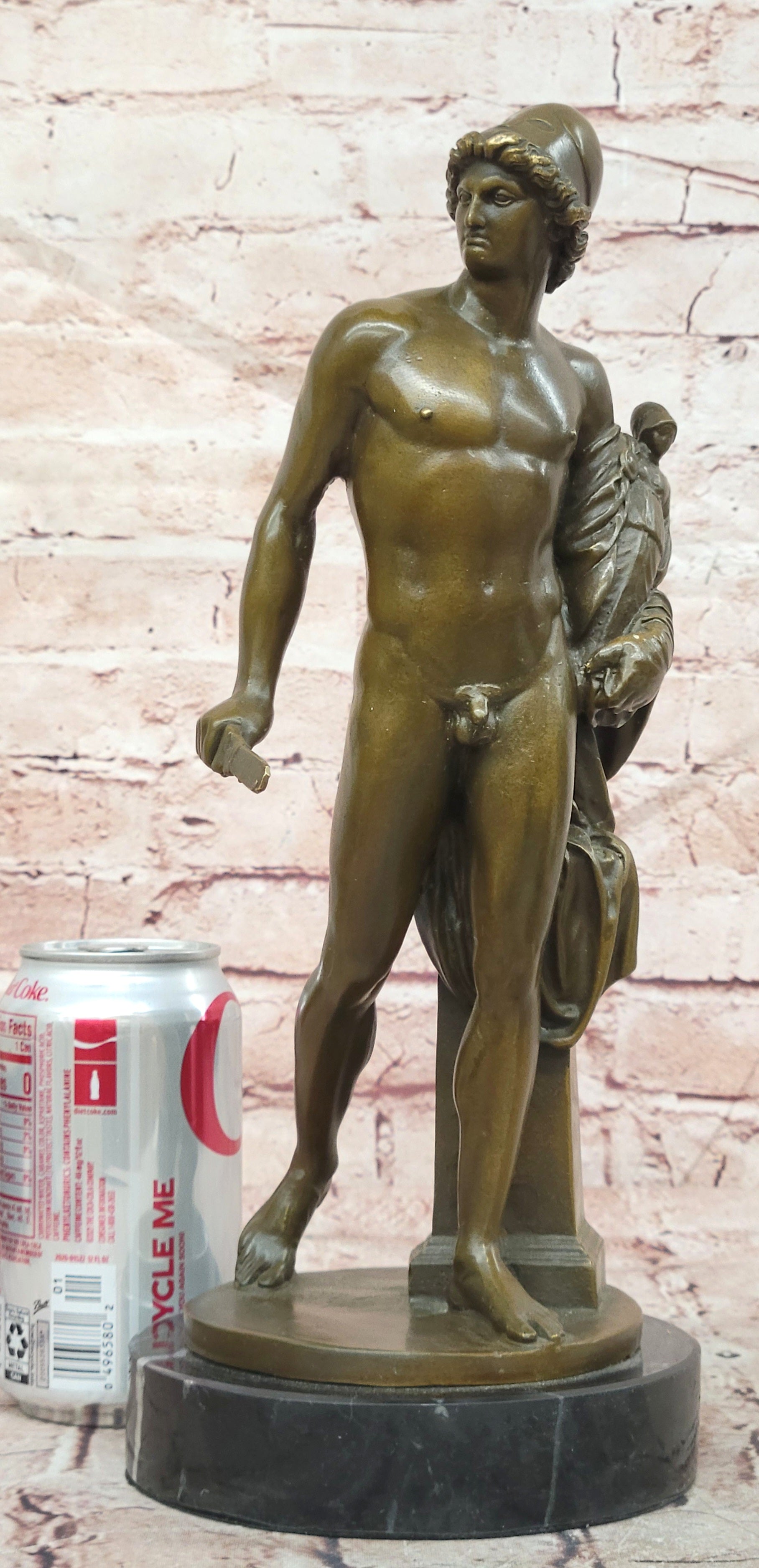 Bronze Roman Soldier Sculpture Signed Debut Holding Small Doll Fine Art Decor