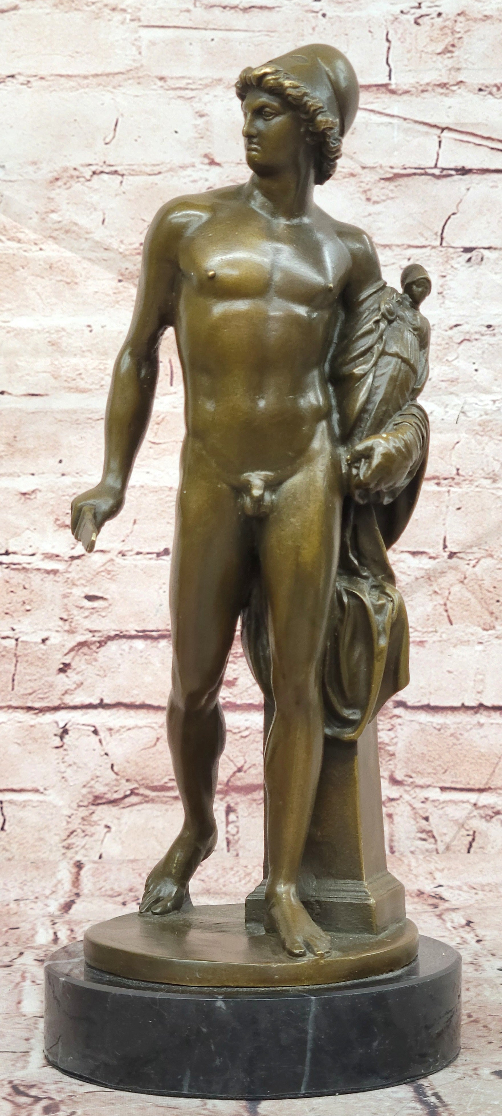 Bronze Roman Soldier Sculpture Signed Debut Holding Small Doll Fine Art Decor