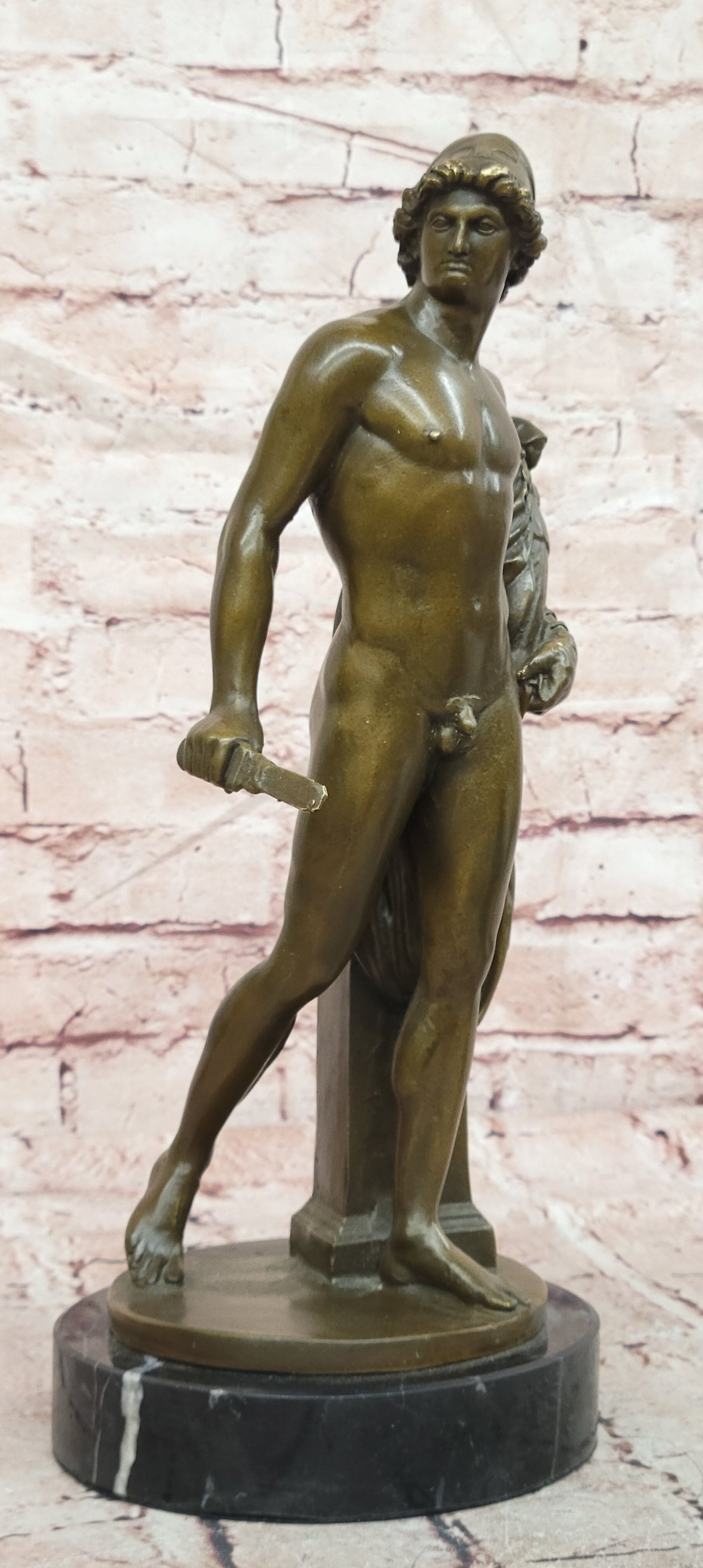 Bronze Roman Soldier Sculpture Signed Debut Holding Small Doll Fine Art Decor