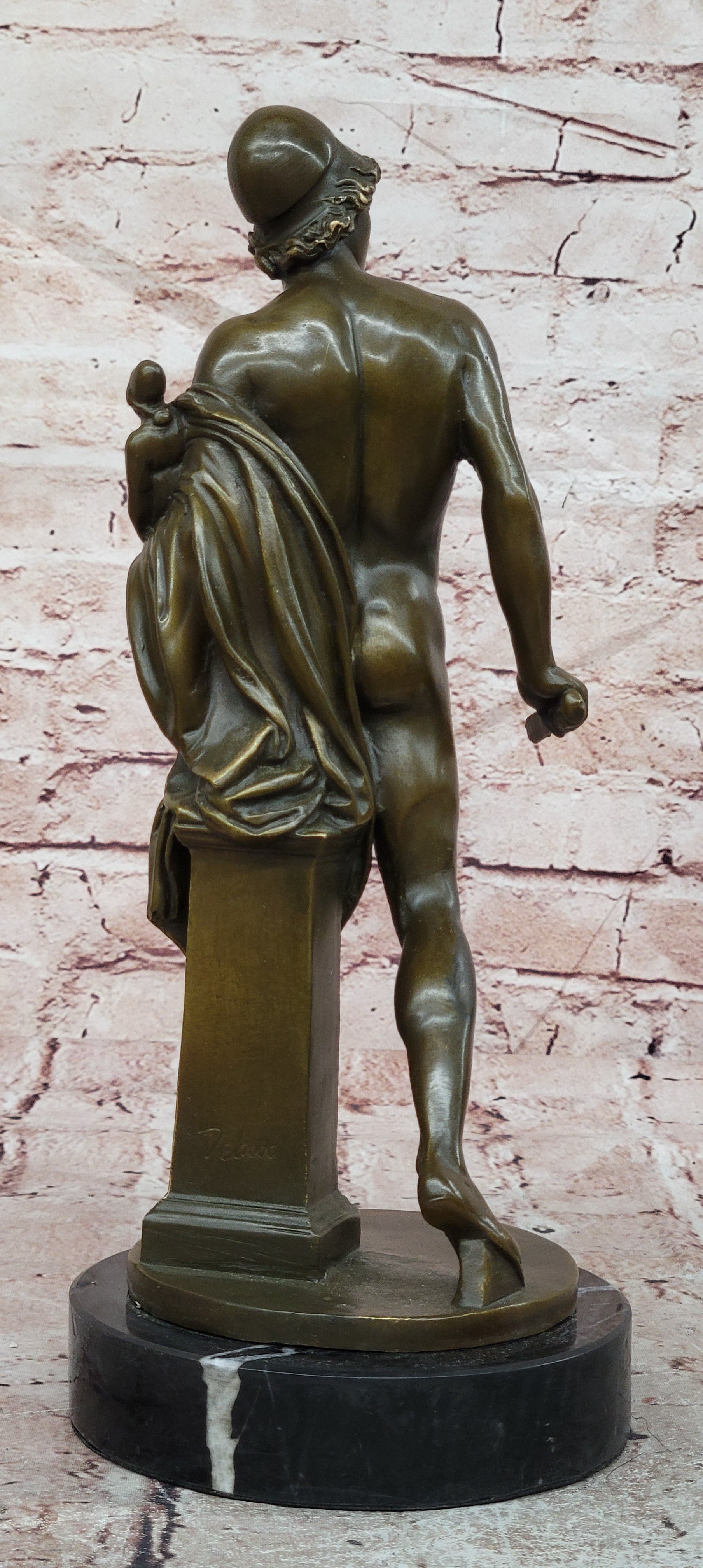 Bronze Roman Soldier Sculpture Signed Debut Holding Small Doll Fine Art Decor