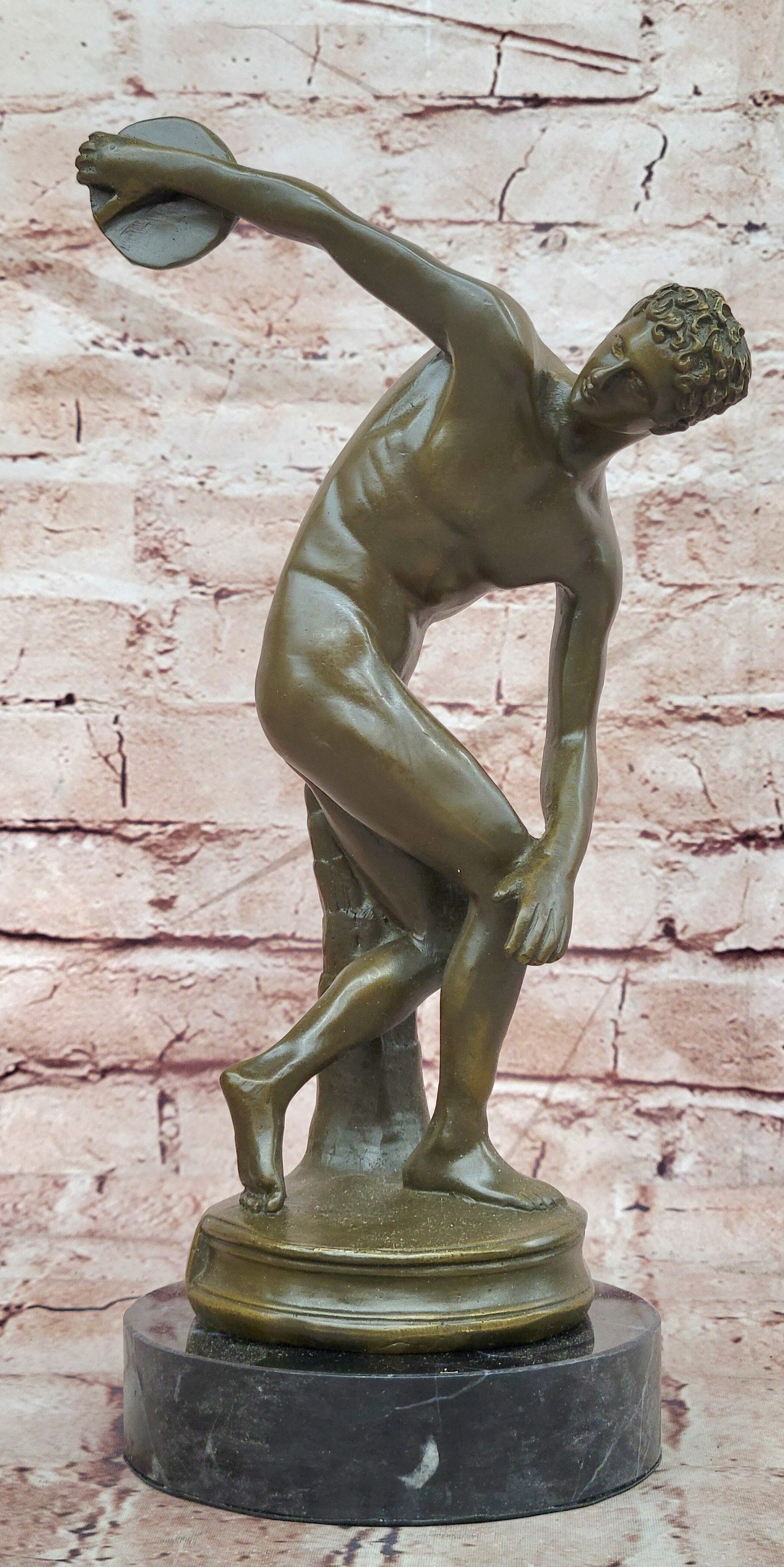 Discobolus Bronze Figurine Marble Base Greek Athlete Sculpture Collectible