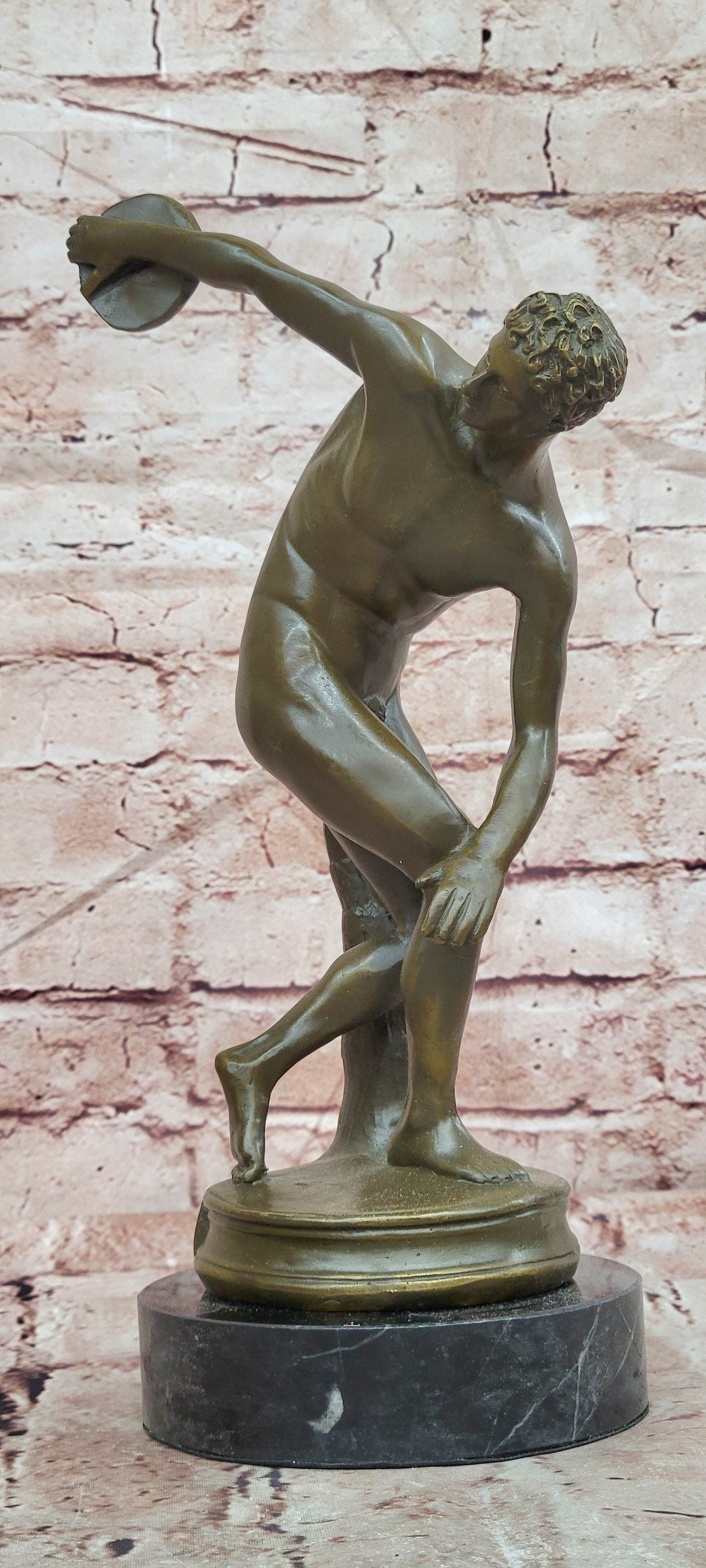 Discobolus Bronze Figurine Marble Base Greek Athlete Sculpture Collectible