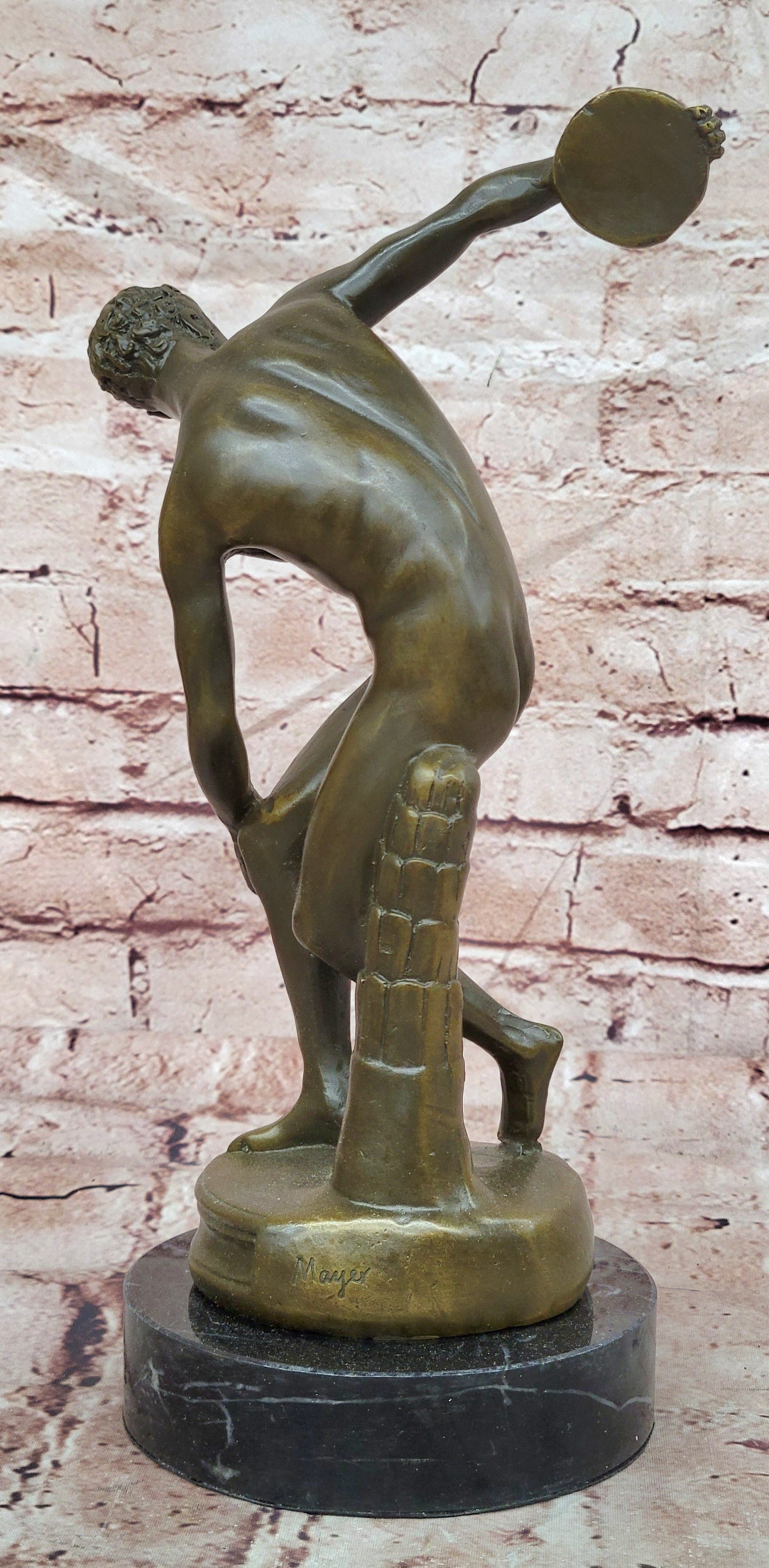 Discobolus Bronze Figurine Marble Base Greek Athlete Sculpture Collectible