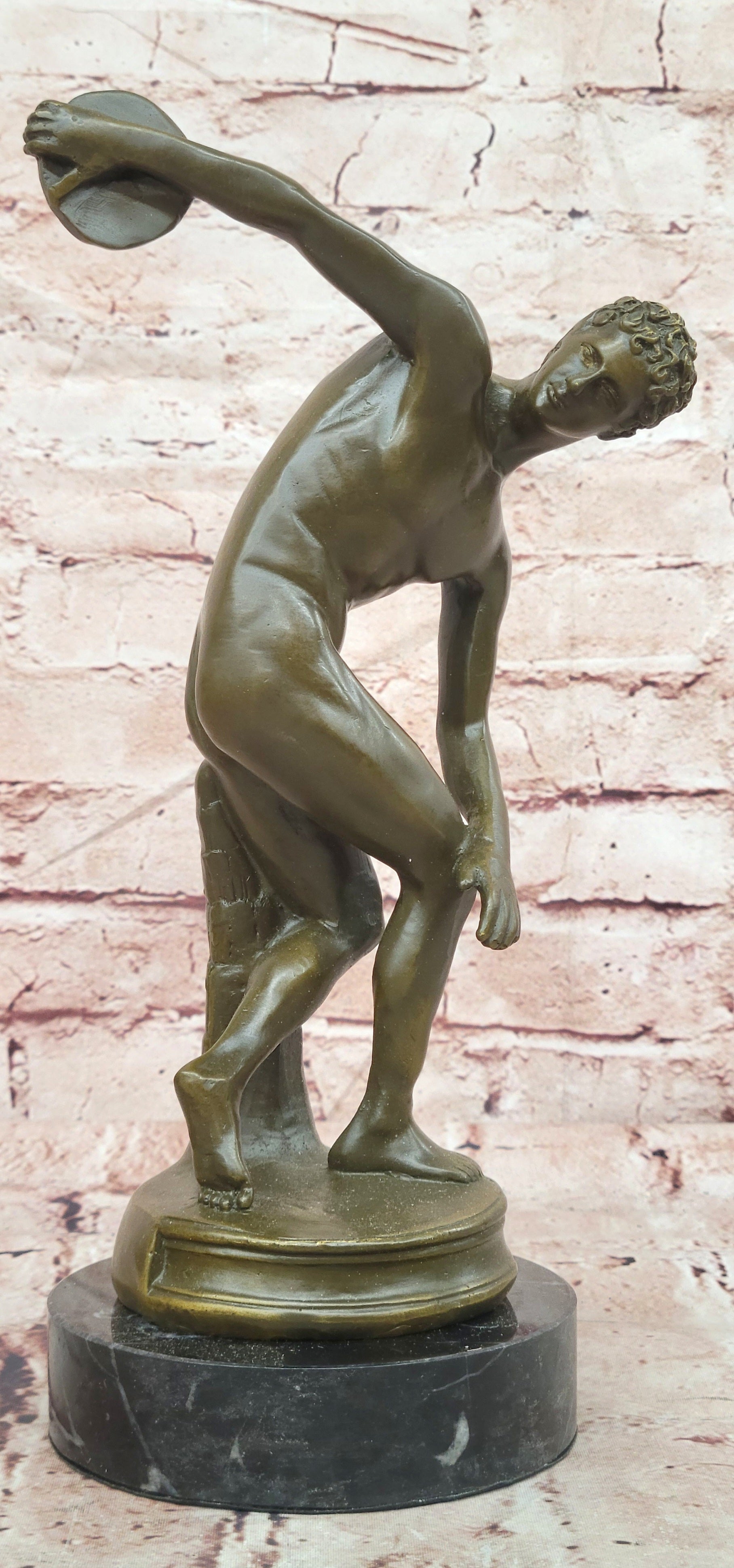 Discobolus Bronze Figurine Marble Base Greek Athlete Sculpture Collectible