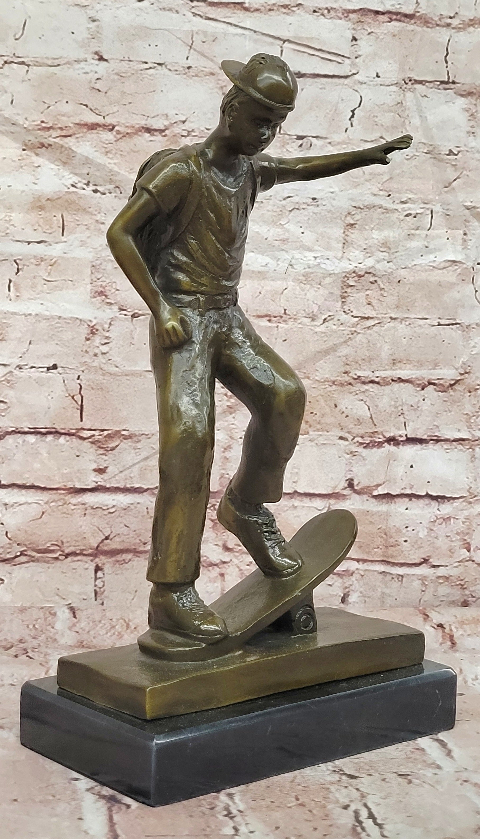 Bronze Sports Boy Figurine Signed Milo Skateboard Sculpture Fine Art Decor