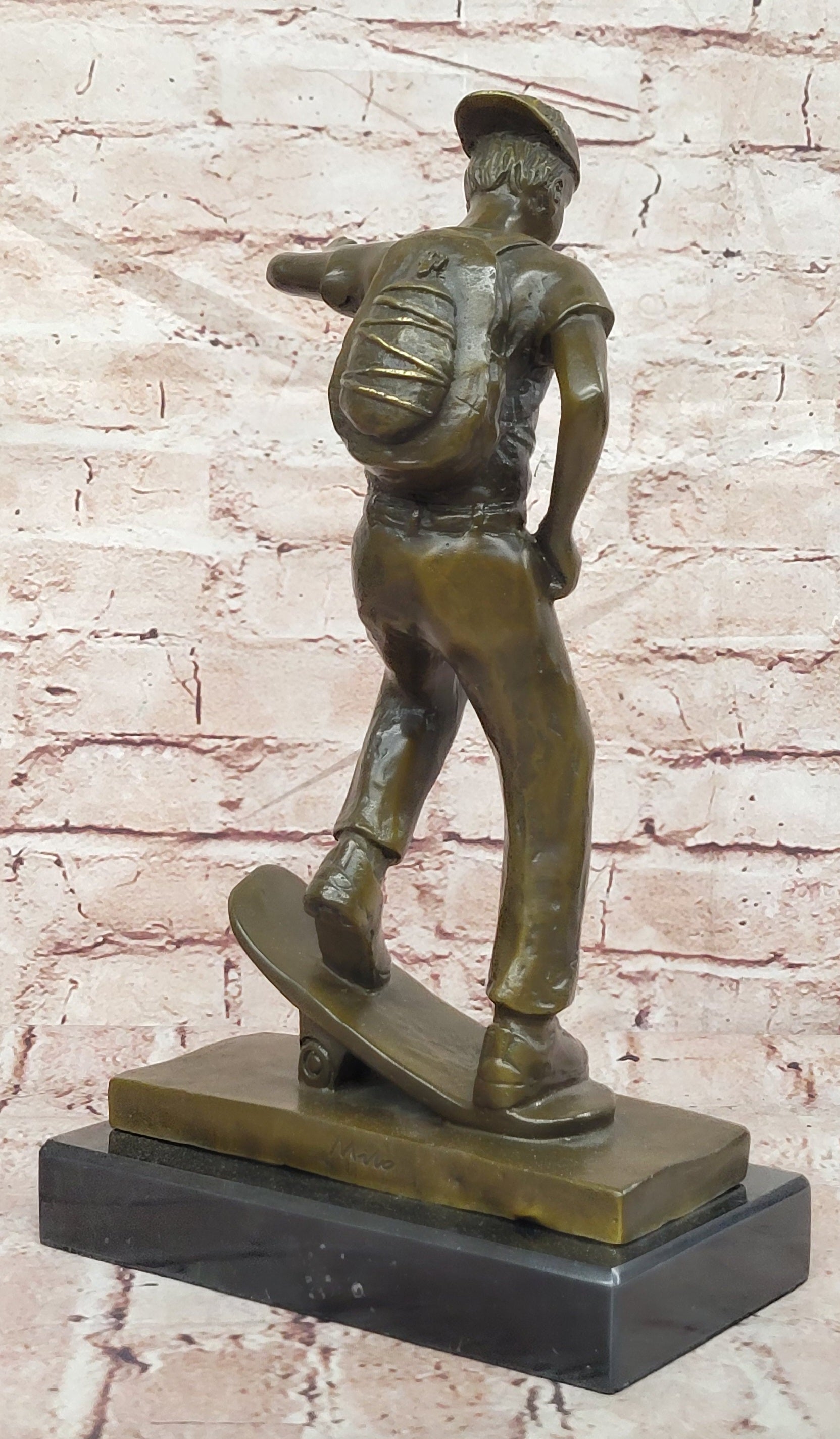 Bronze Sports Boy Figurine Signed Milo Skateboard Sculpture Fine Art Decor