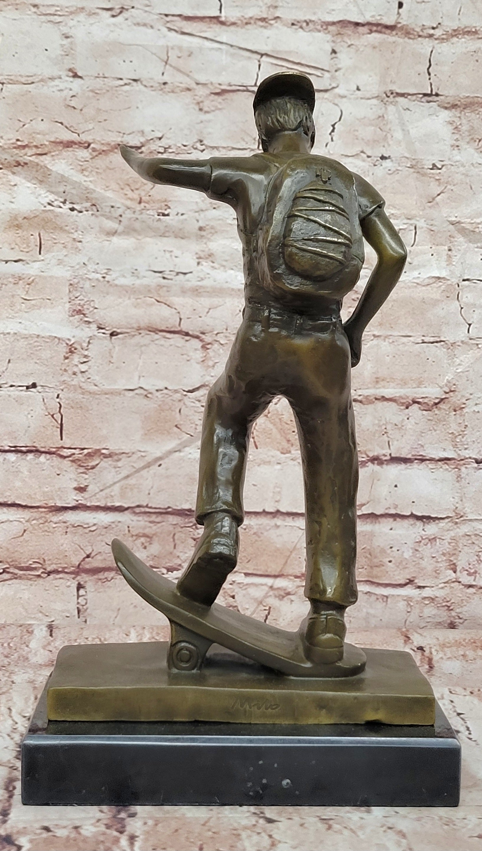 Bronze Sports Boy Figurine Signed Milo Skateboard Sculpture Fine Art Decor