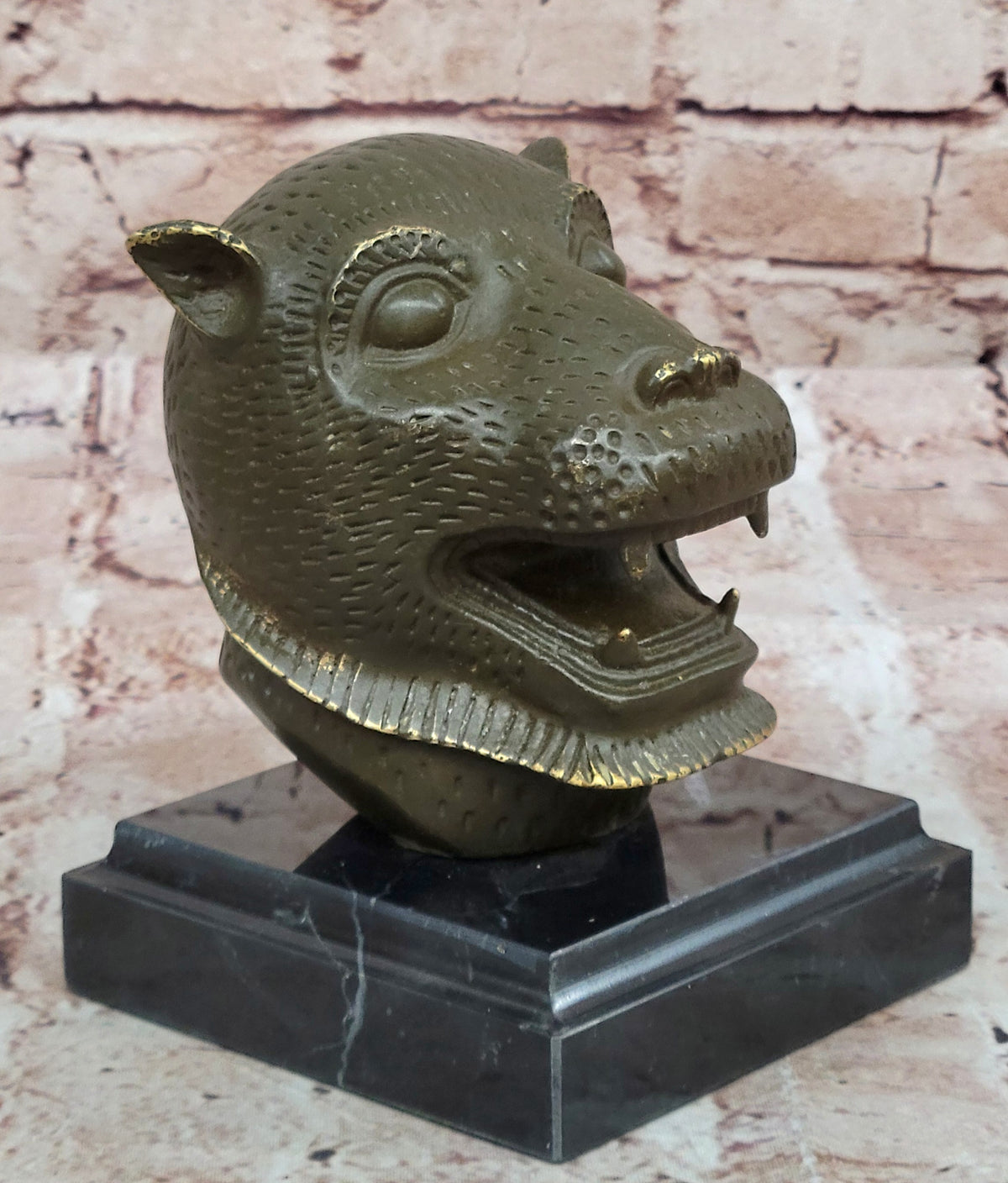 Bold Tiger Head Bronze Sculpture Statue on Base Handmade Zodiac Desk Showpiece