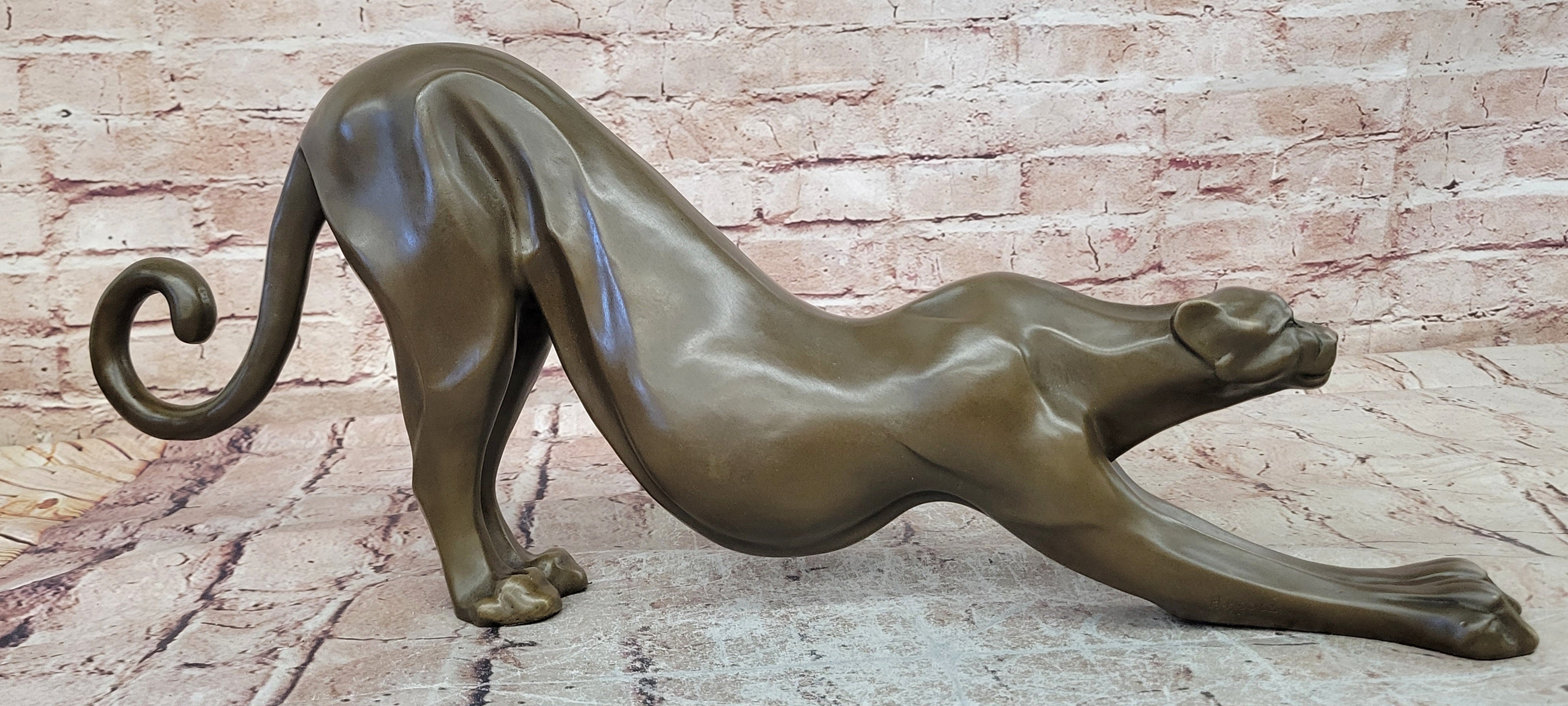 Bronze Cougar Figurine Stretching Pose Abstract Wildlife Sculpture Art Statue