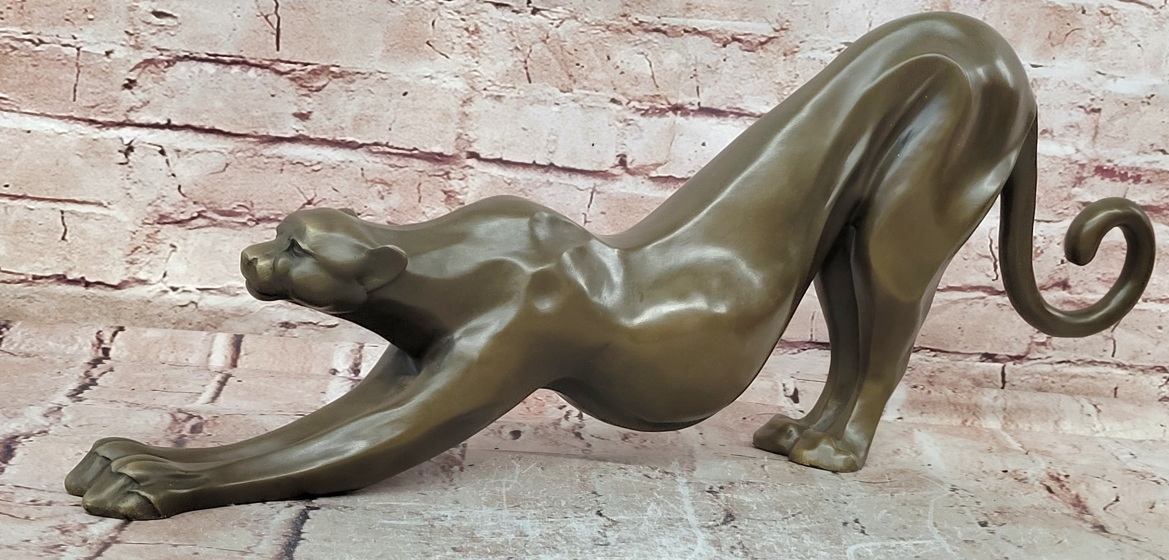 Bronze Cougar Figurine Stretching Pose Abstract Wildlife Sculpture Art Statue