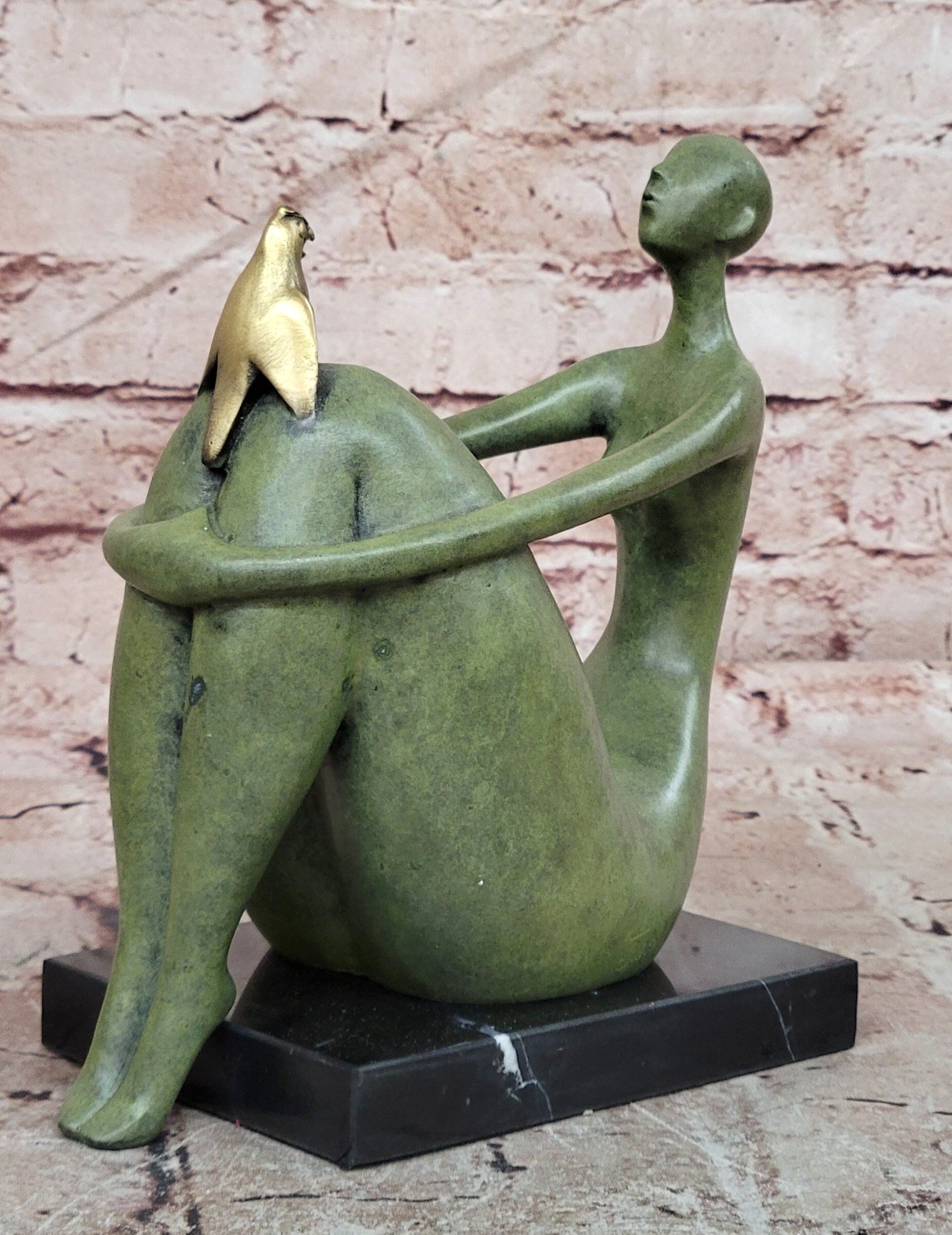 Juno Bronze Abstract Woman with Bird Figurine Modern Mid-Century Art Statue