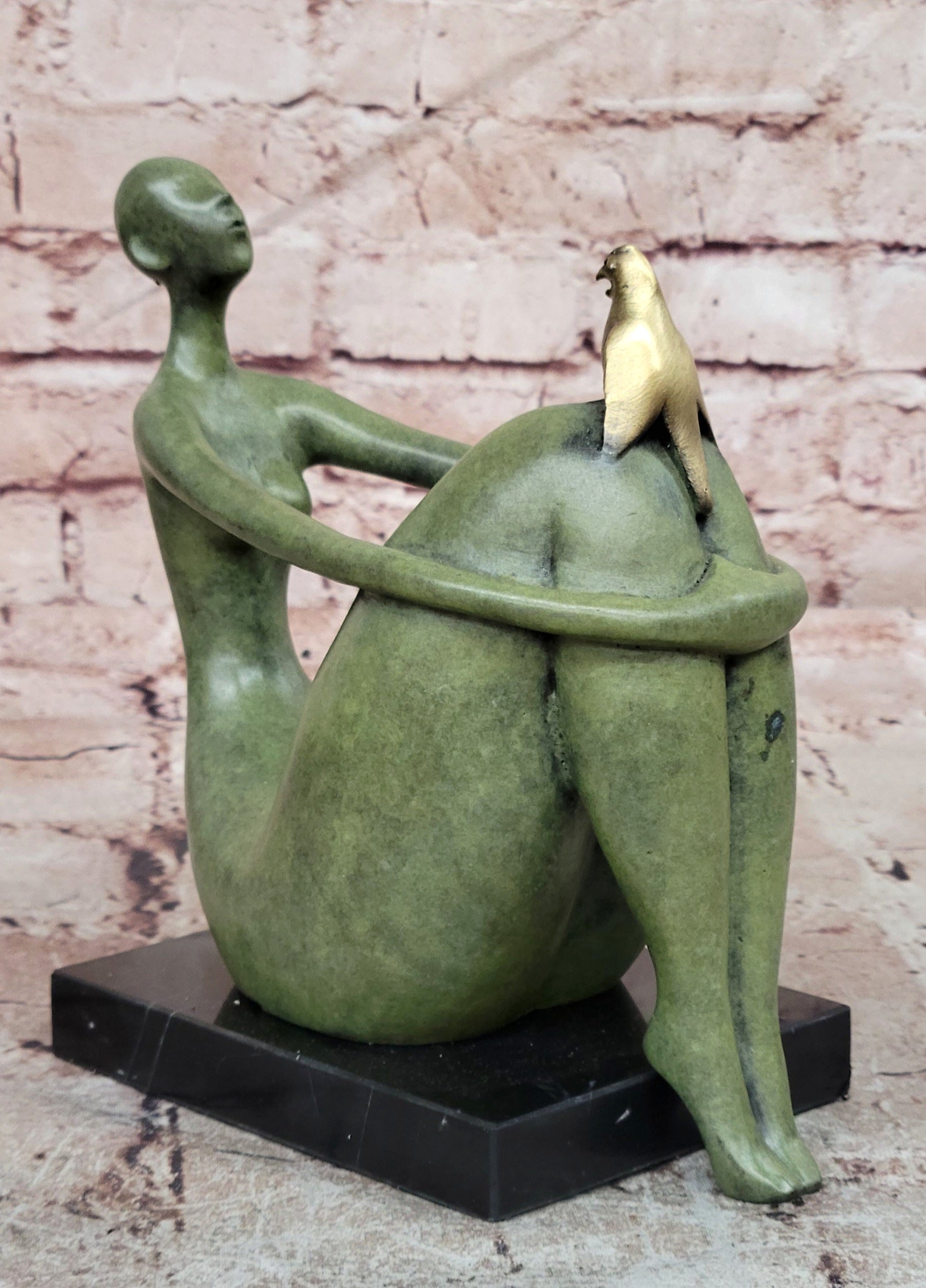 Juno Bronze Abstract Woman with Bird Figurine Modern Mid-Century Art Statue