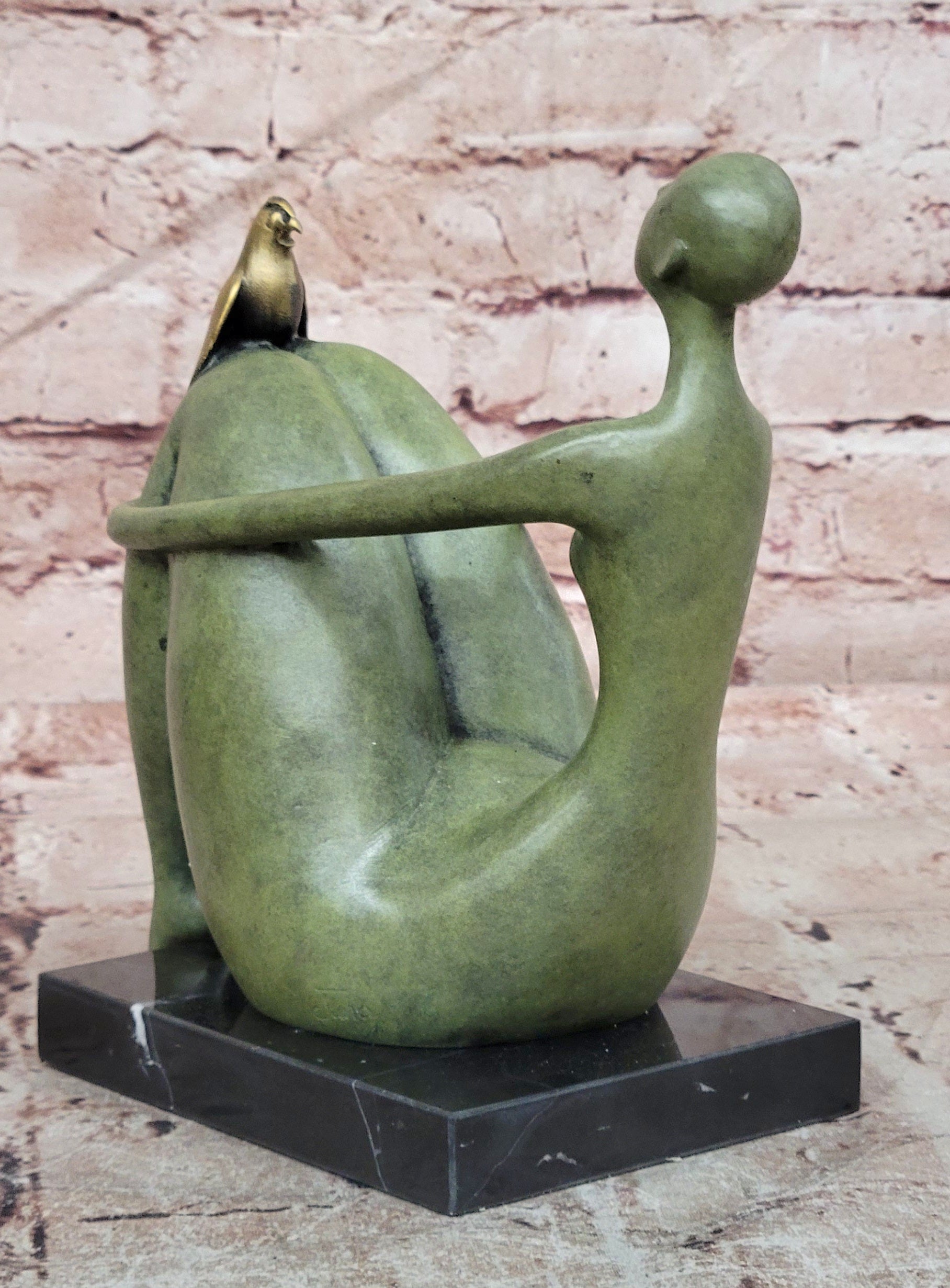 Juno Bronze Abstract Woman with Bird Figurine Modern Mid-Century Art Statue