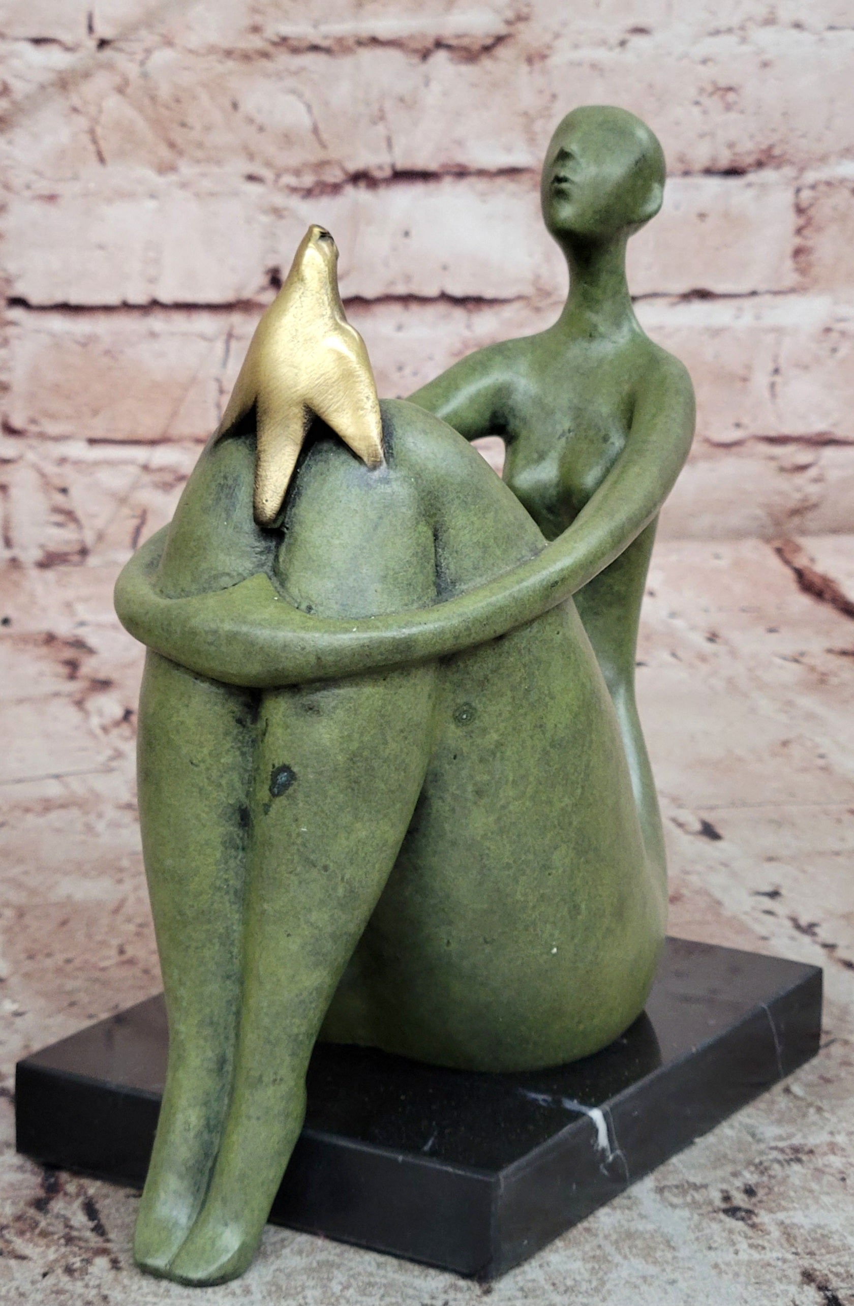 Juno Bronze Abstract Woman with Bird Figurine Modern Mid-Century Art Statue