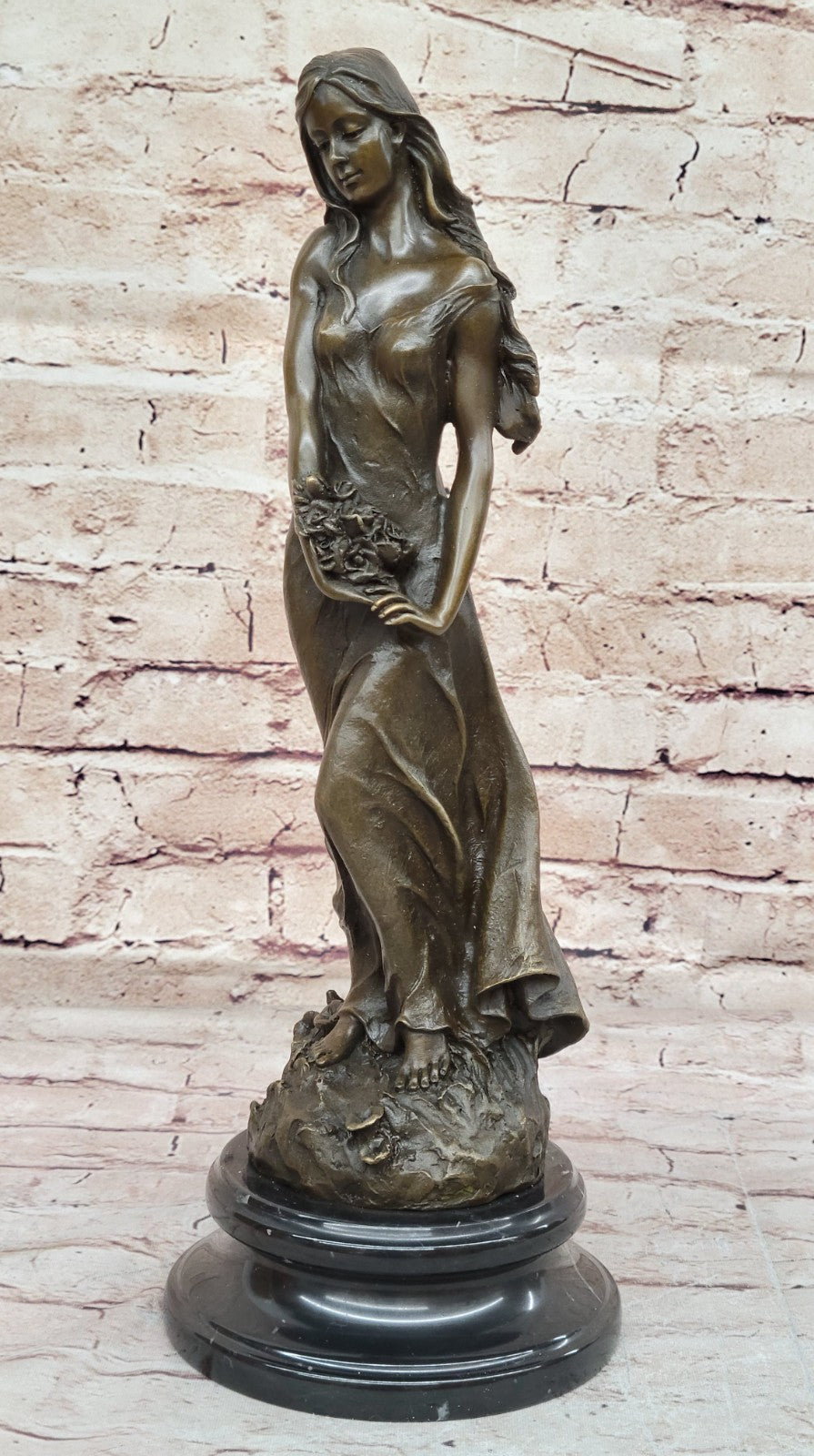Museum-Quality Artwork: Gorgeous Maiden with Flower, Handmade Bronze Sculpture by Milo