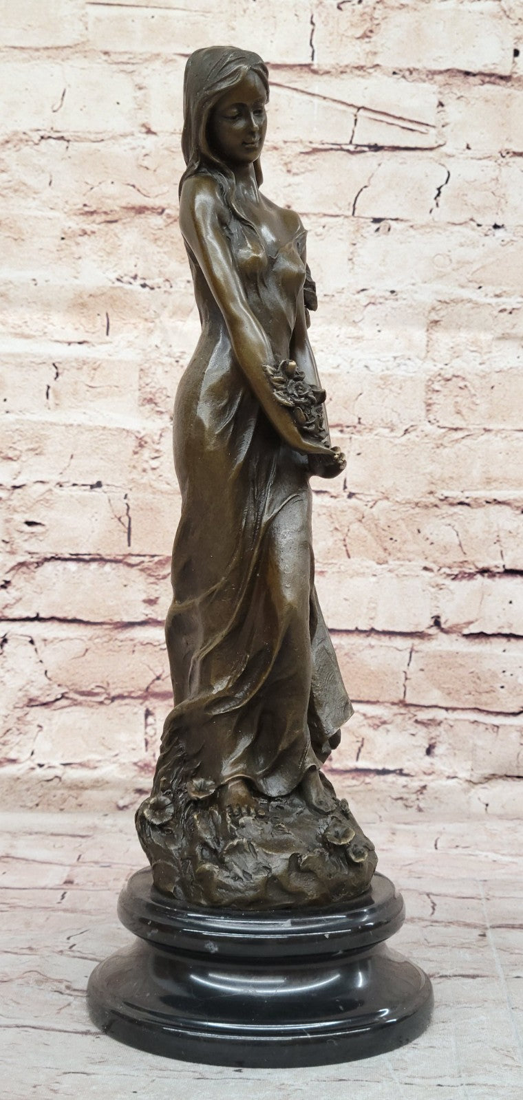 Museum-Quality Artwork: Gorgeous Maiden with Flower, Handmade Bronze Sculpture by Milo
