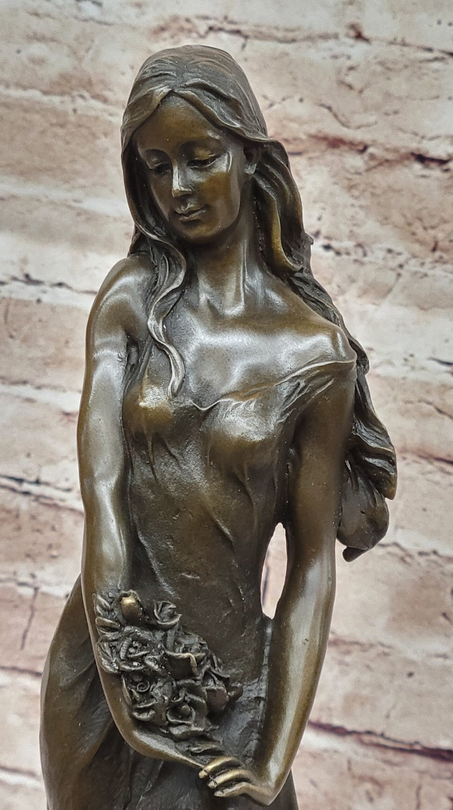 Museum-Quality Artwork: Gorgeous Maiden with Flower, Handmade Bronze Sculpture by Milo