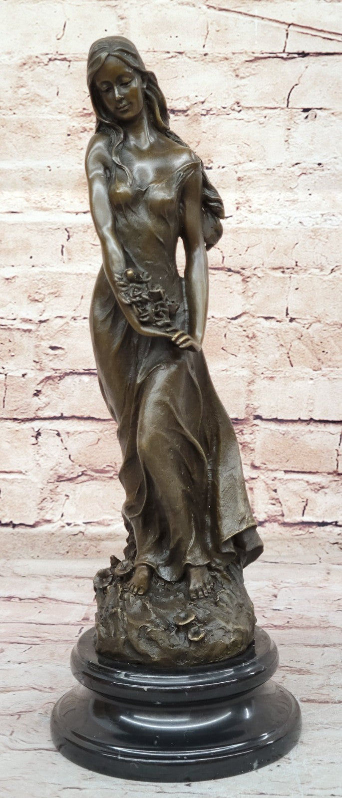 Museum-Quality Artwork: Gorgeous Maiden with Flower, Handmade Bronze Sculpture by Milo