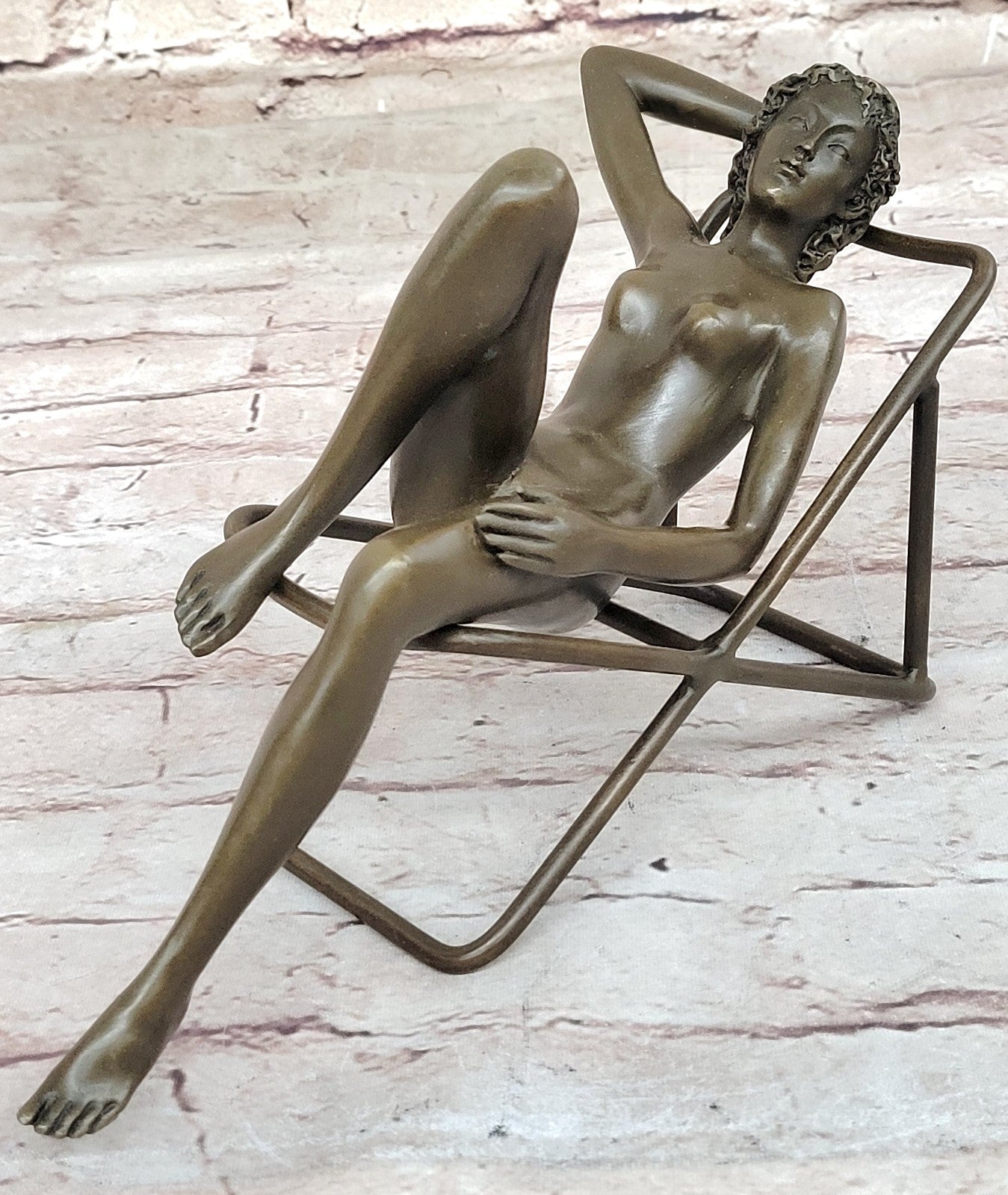 Lost Wax Method Sculpture: Nude Woman Relaxing on Beach Chair