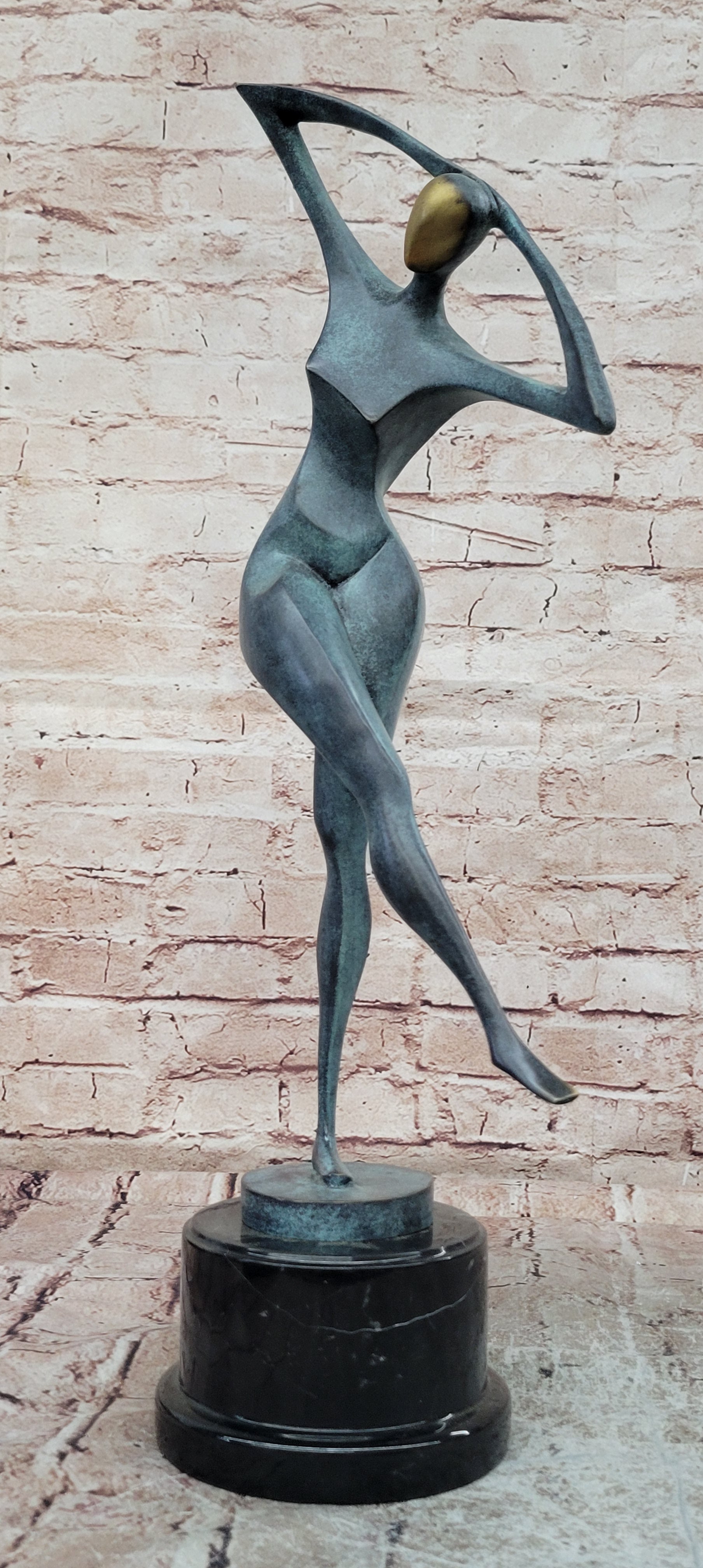 Signed Bronze Abstract Woman Sculpture Green Patina Fine Art Collectible Statue