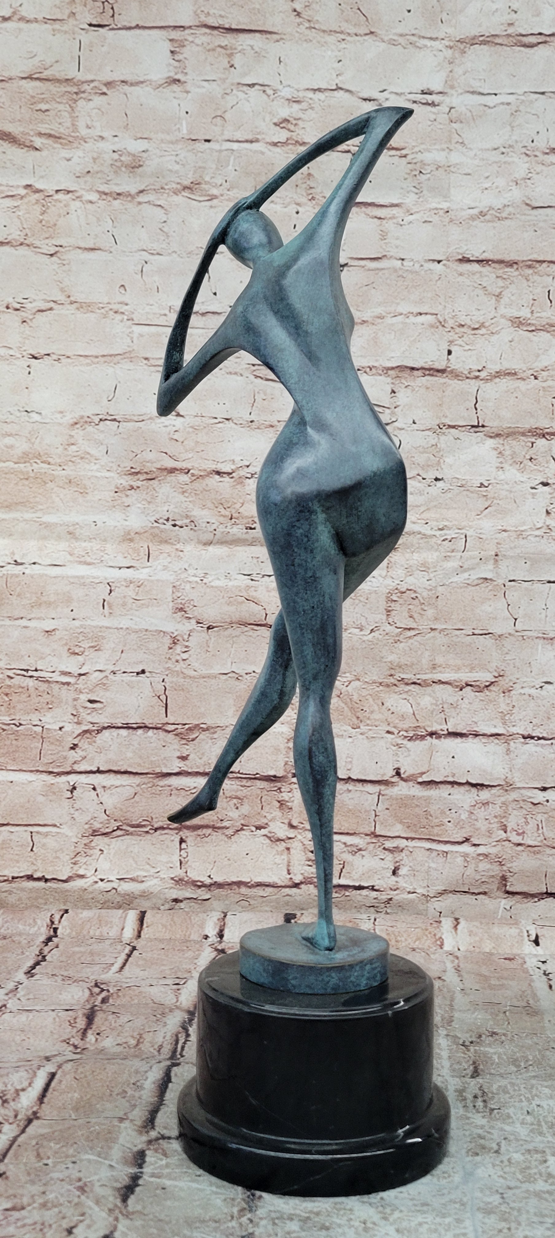 Signed Bronze Abstract Woman Sculpture Green Patina Fine Art Collectible Statue