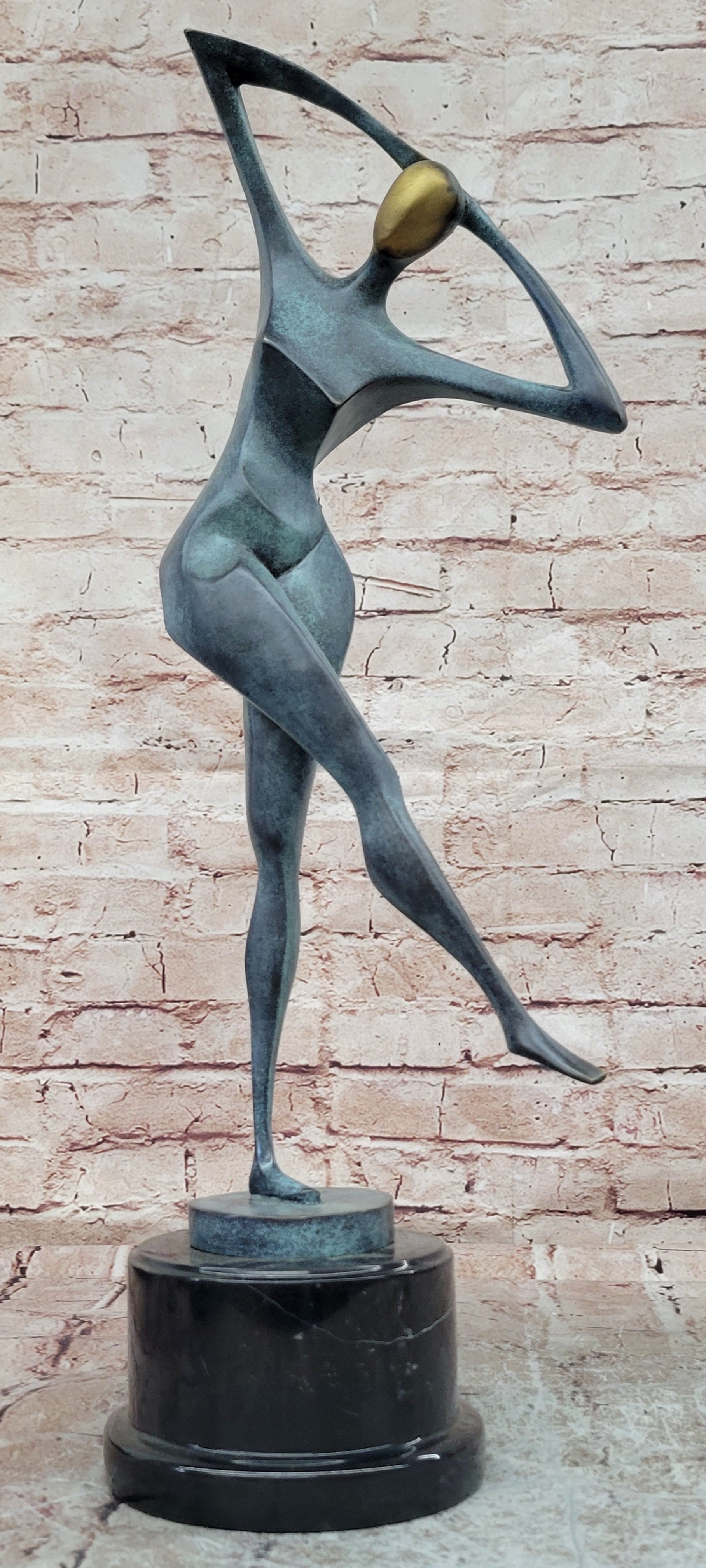 Signed Bronze Abstract Woman Sculpture Green Patina Fine Art Collectible Statue