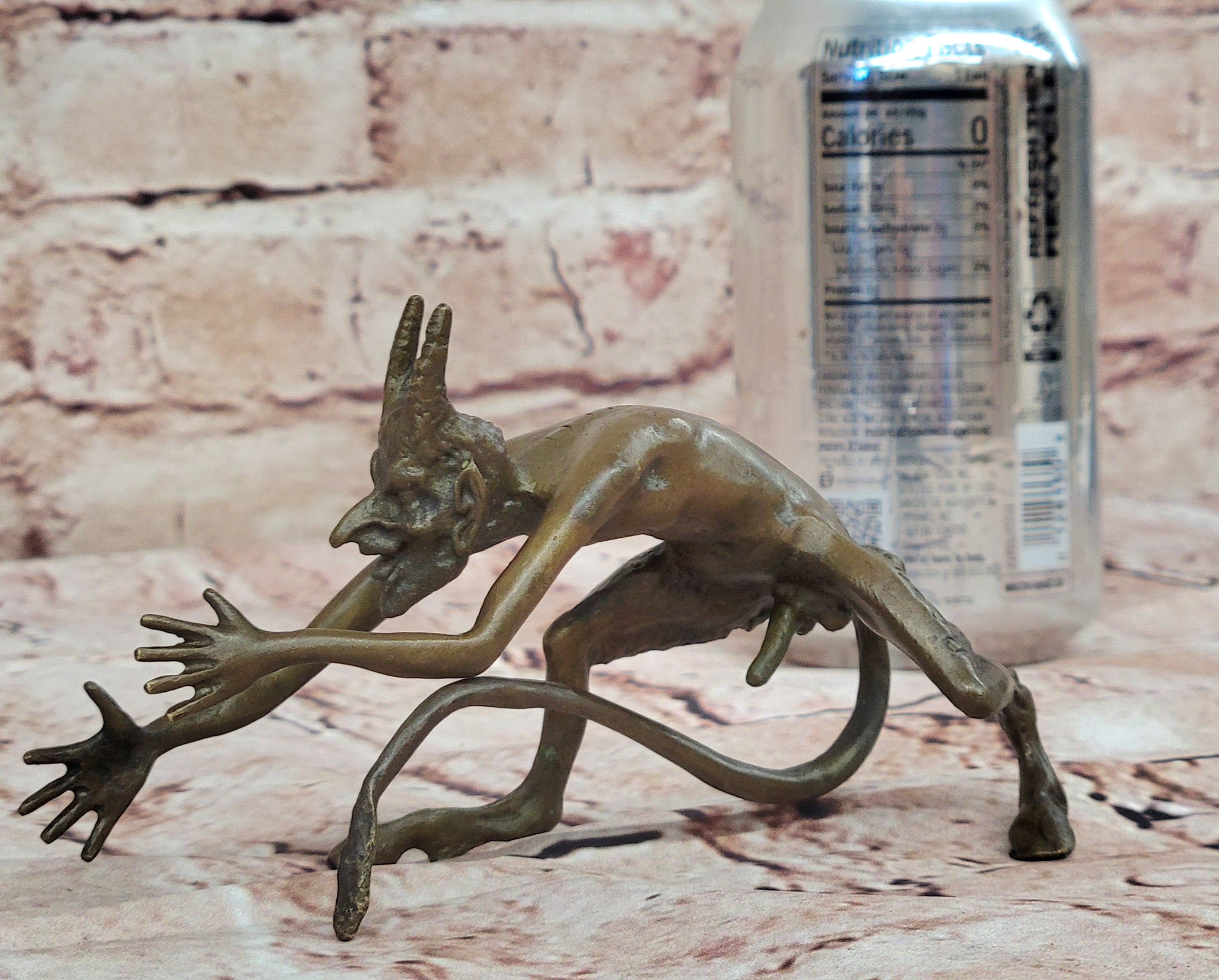 SIGNED BRONZE STATUE NUDE SATYR EROTIC FAUN DETAILED SCULPTURE ON MARBLE