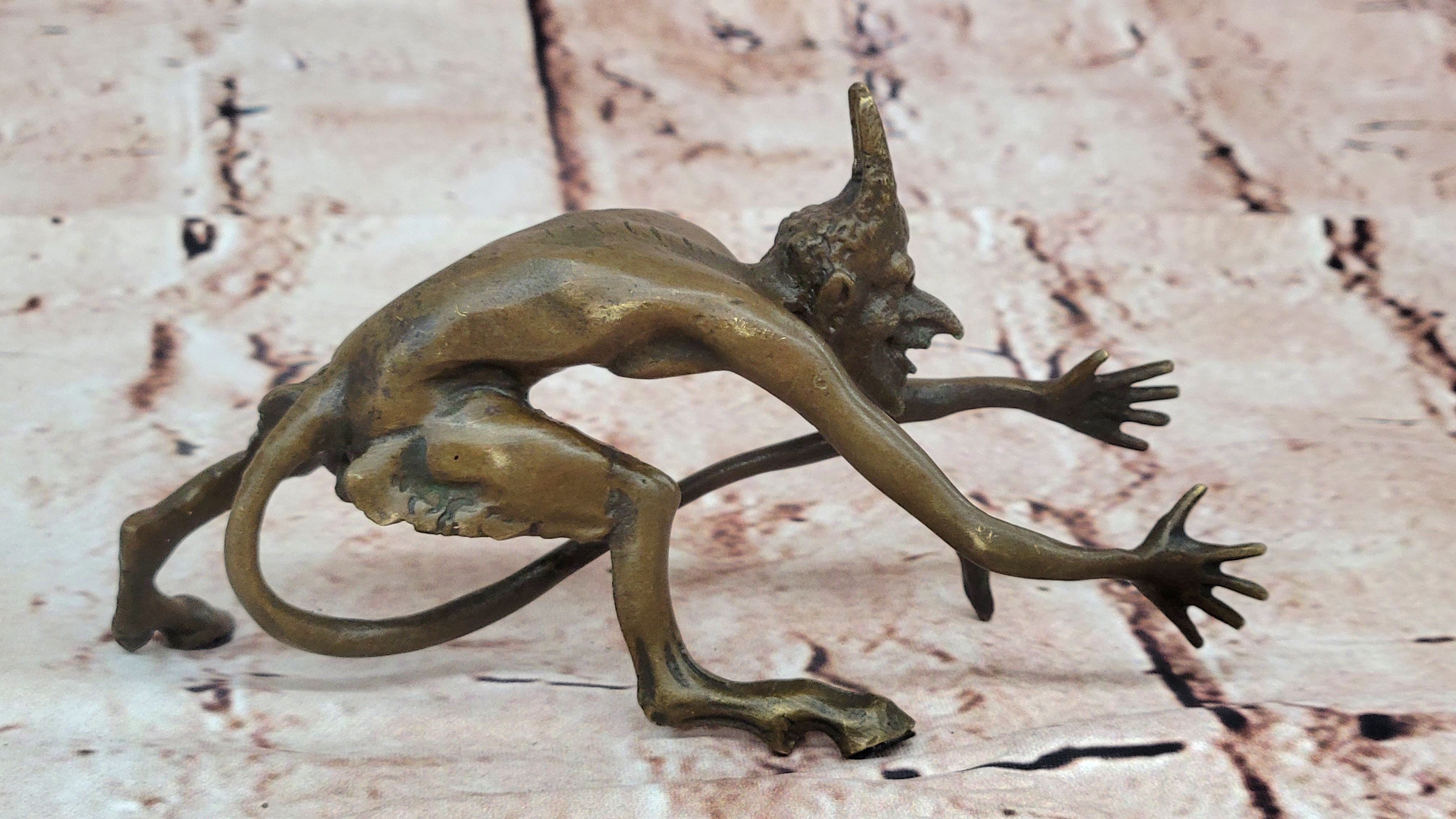 SIGNED BRONZE STATUE NUDE SATYR EROTIC FAUN DETAILED SCULPTURE ON MARBLE