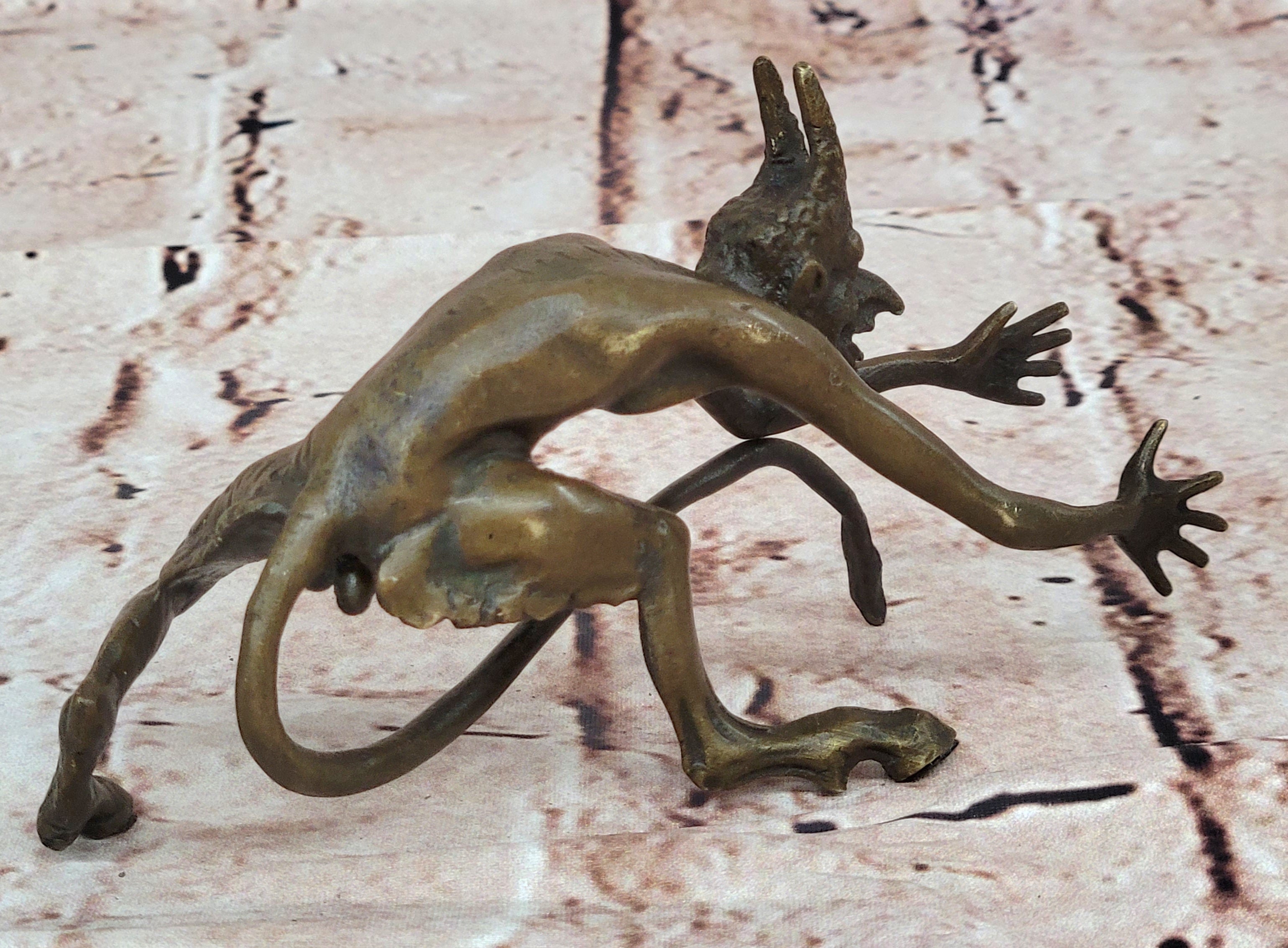 SIGNED BRONZE STATUE NUDE SATYR EROTIC FAUN DETAILED SCULPTURE ON MARBLE