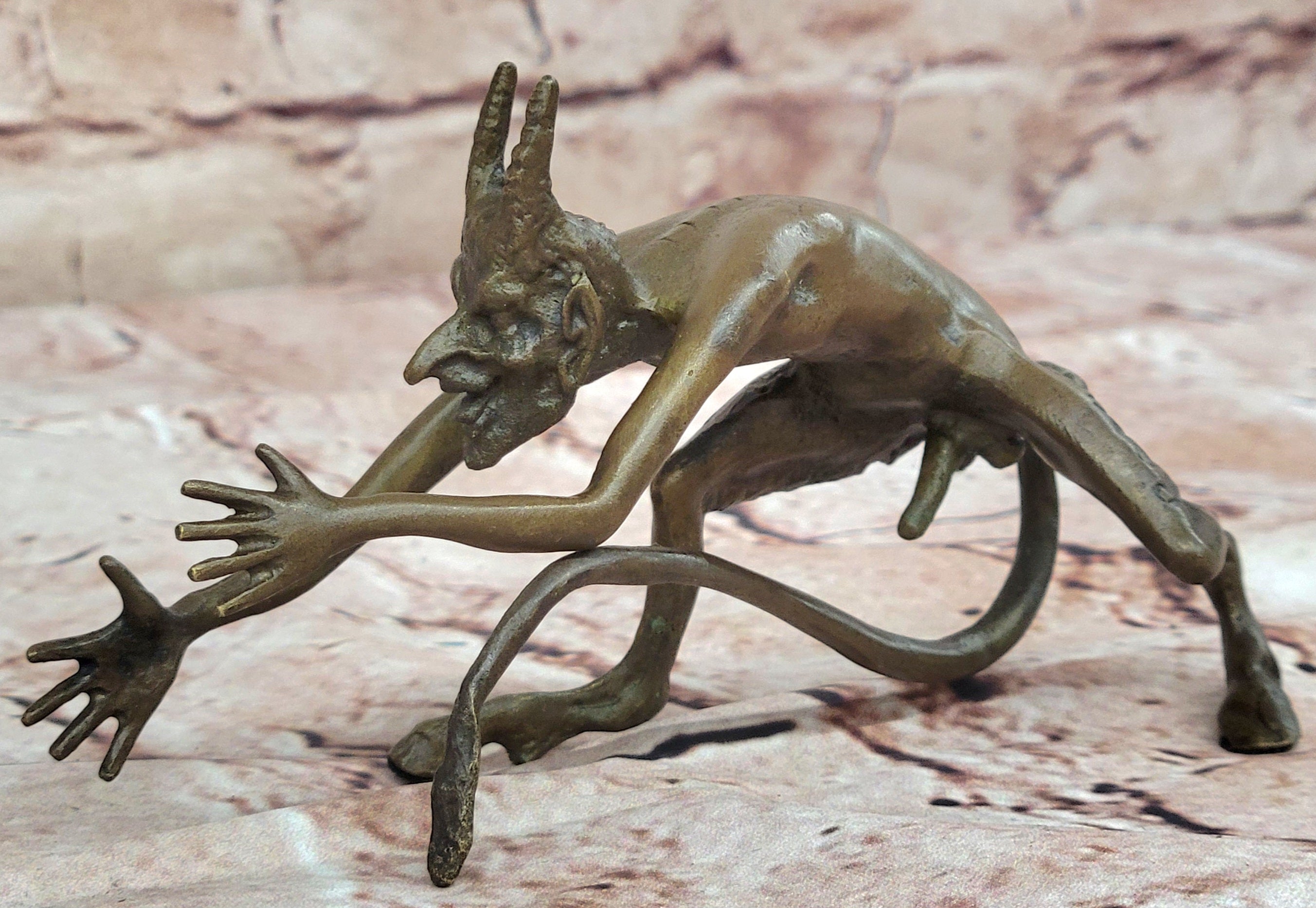 SIGNED BRONZE STATUE NUDE SATYR EROTIC FAUN DETAILED SCULPTURE ON MARBLE