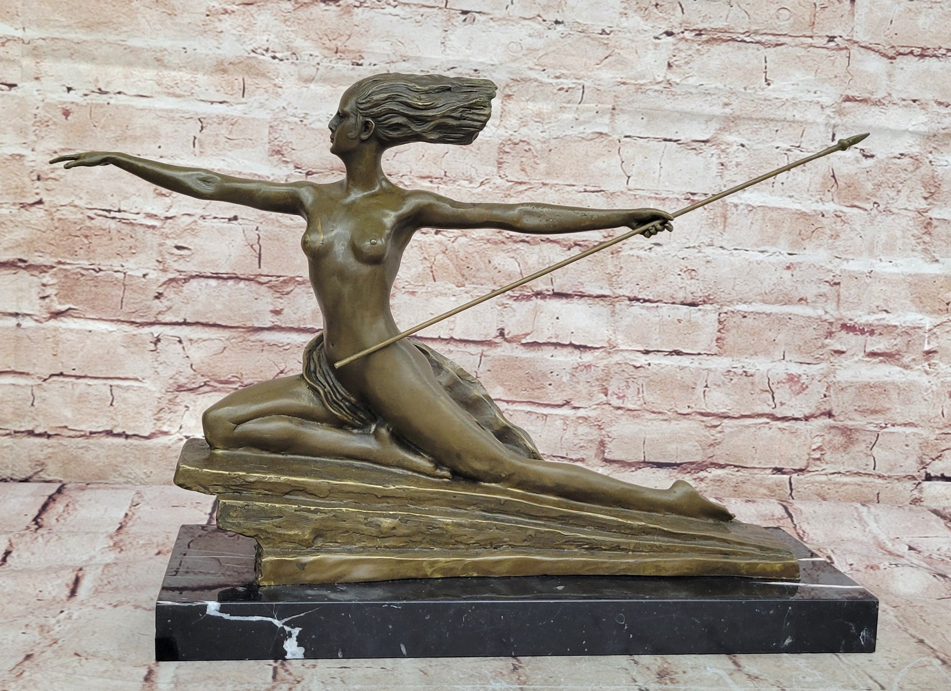 Art Deco Female Warrior Bronze Sculpture Marble Base Figurine Statue Sale
