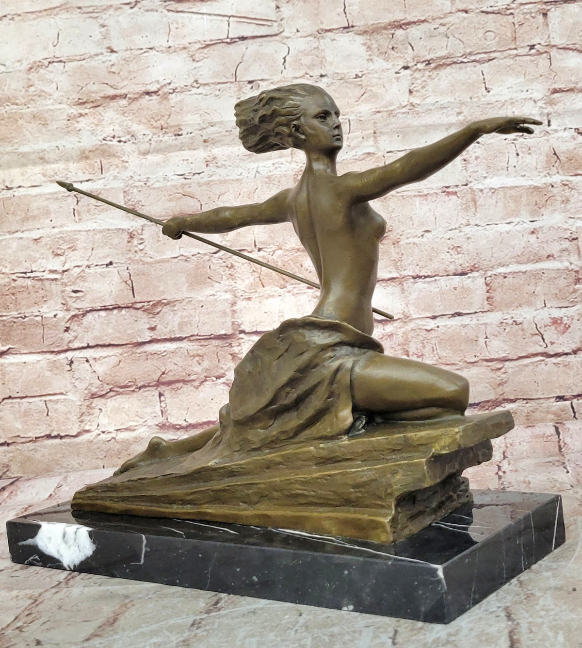 Art Deco Female Warrior Bronze Sculpture Marble Base Figurine Statue Sale