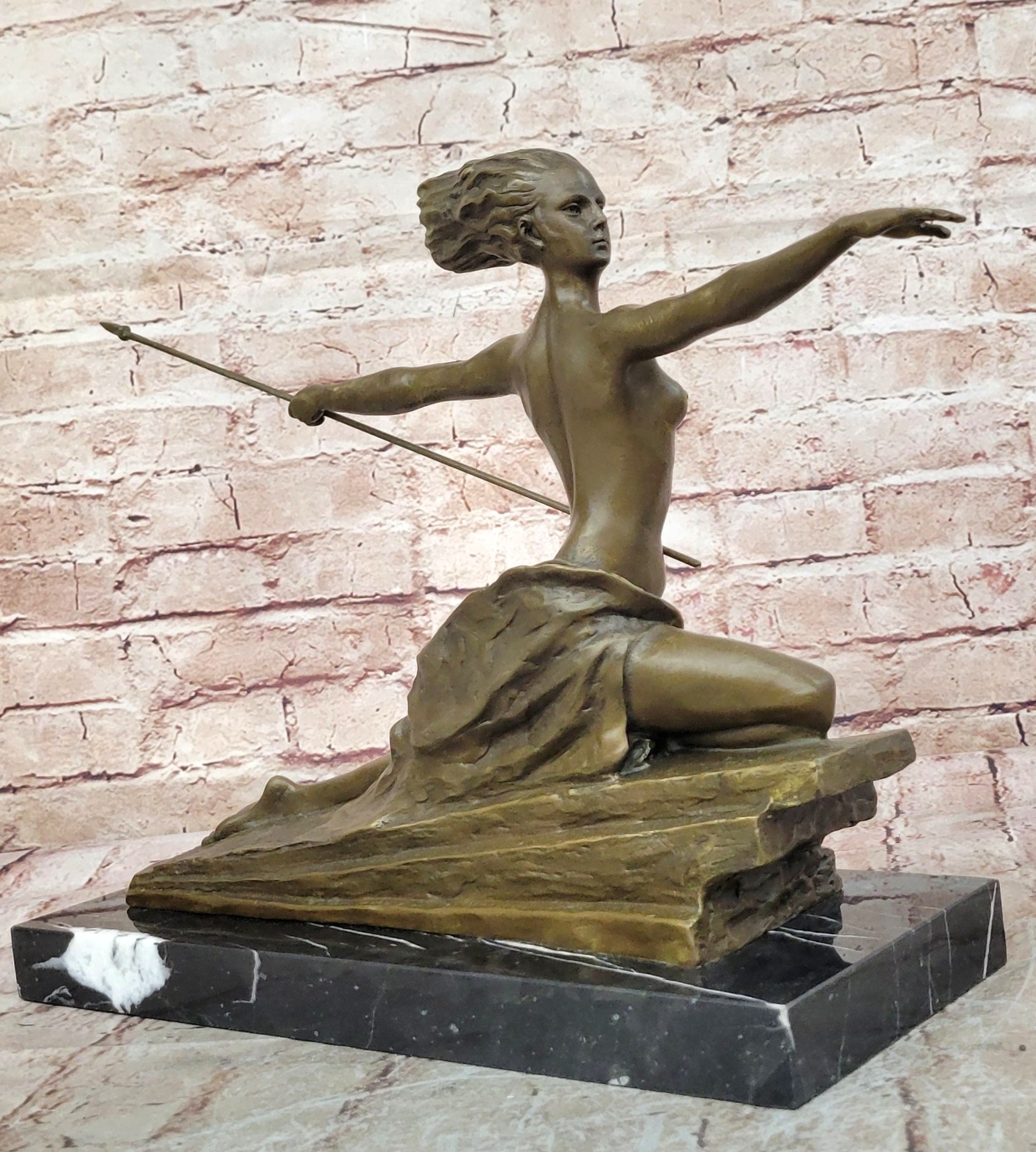 Art Deco Female Warrior Bronze Sculpture Marble Base Figurine Statue Sale