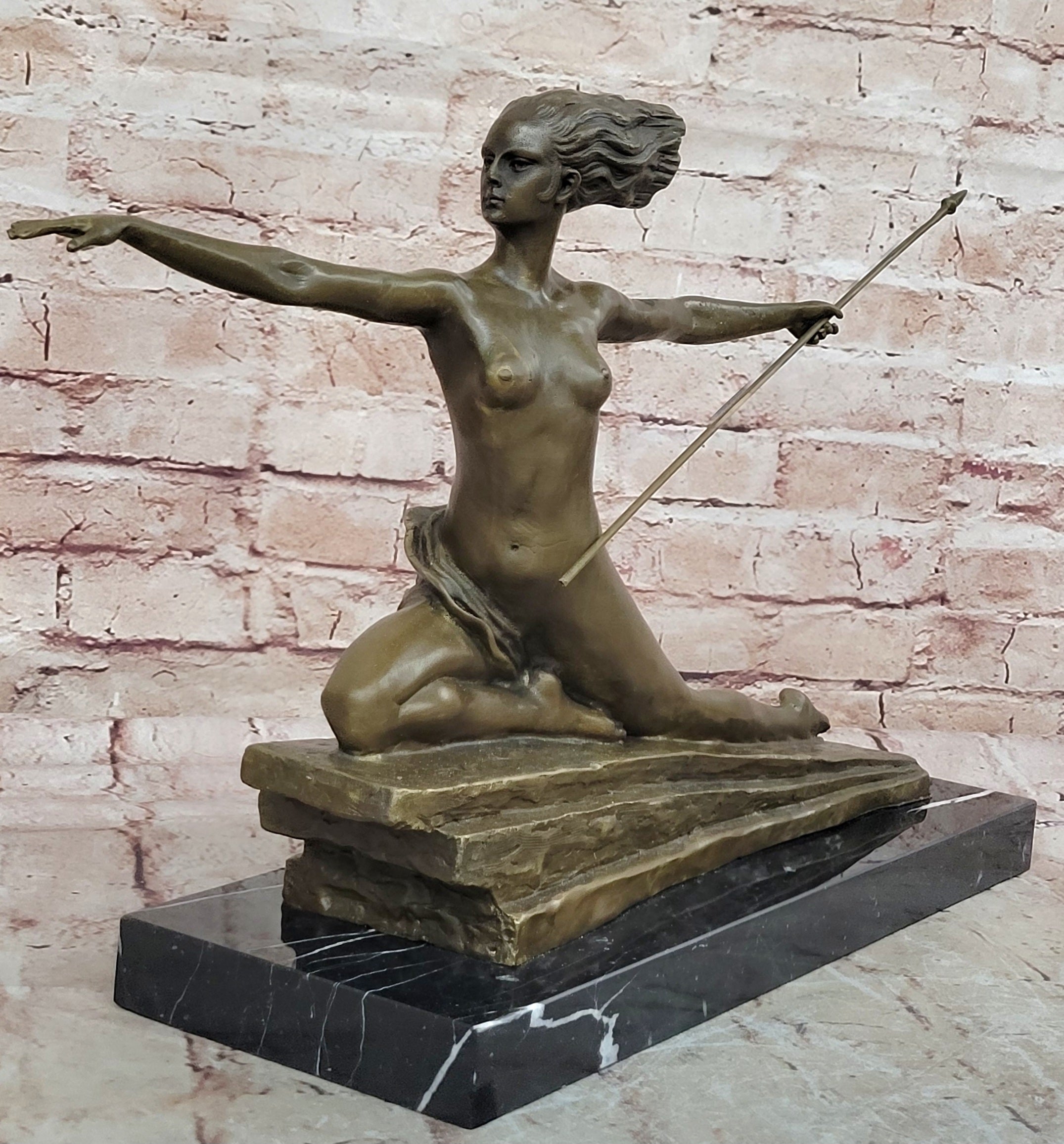 Art Deco Female Warrior Bronze Sculpture Marble Base Figurine Statue Sale