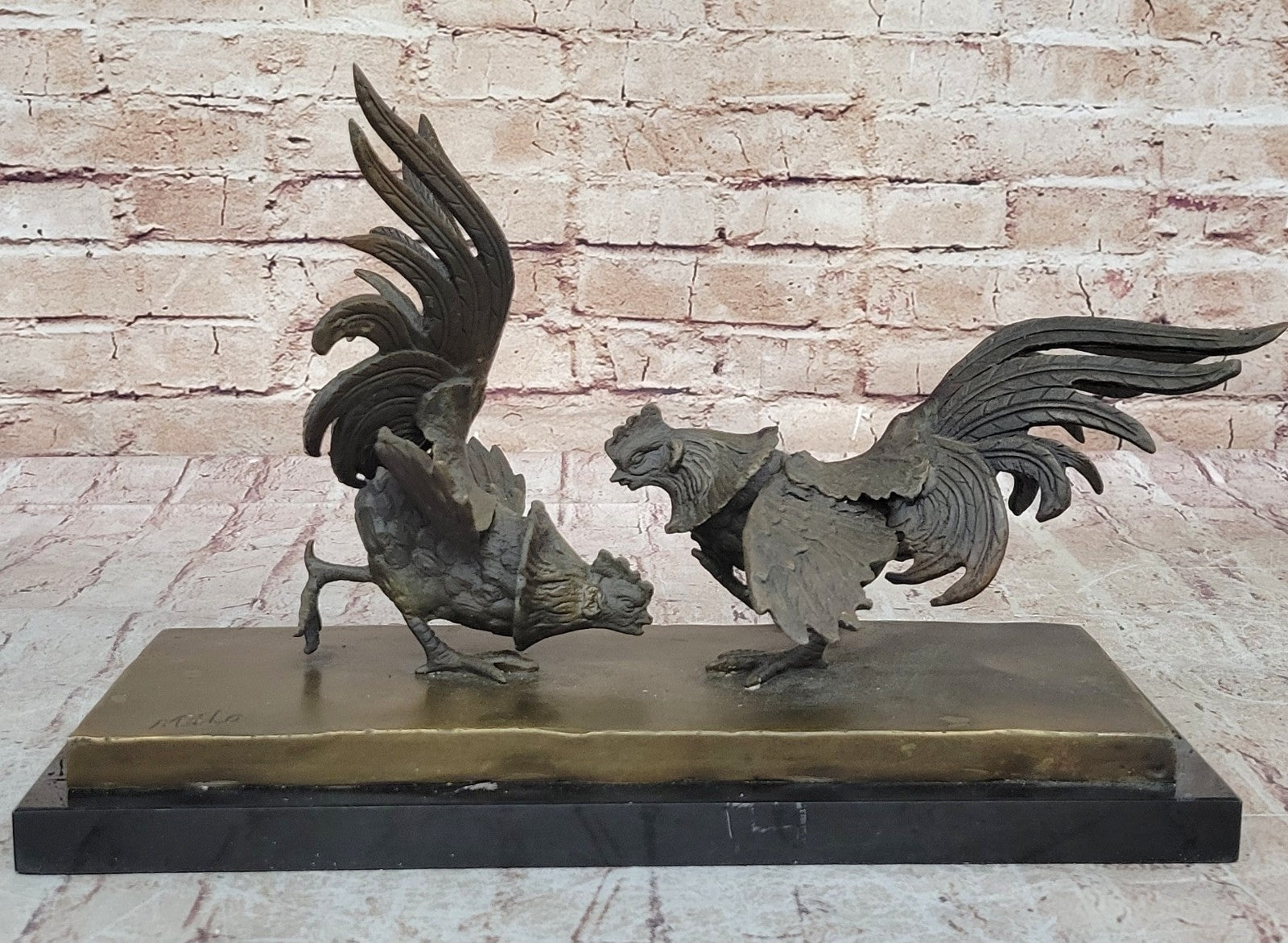 Hand Made Bronze Rooster Cock Fight Sculpture by Miguel Lopez on Marble Base