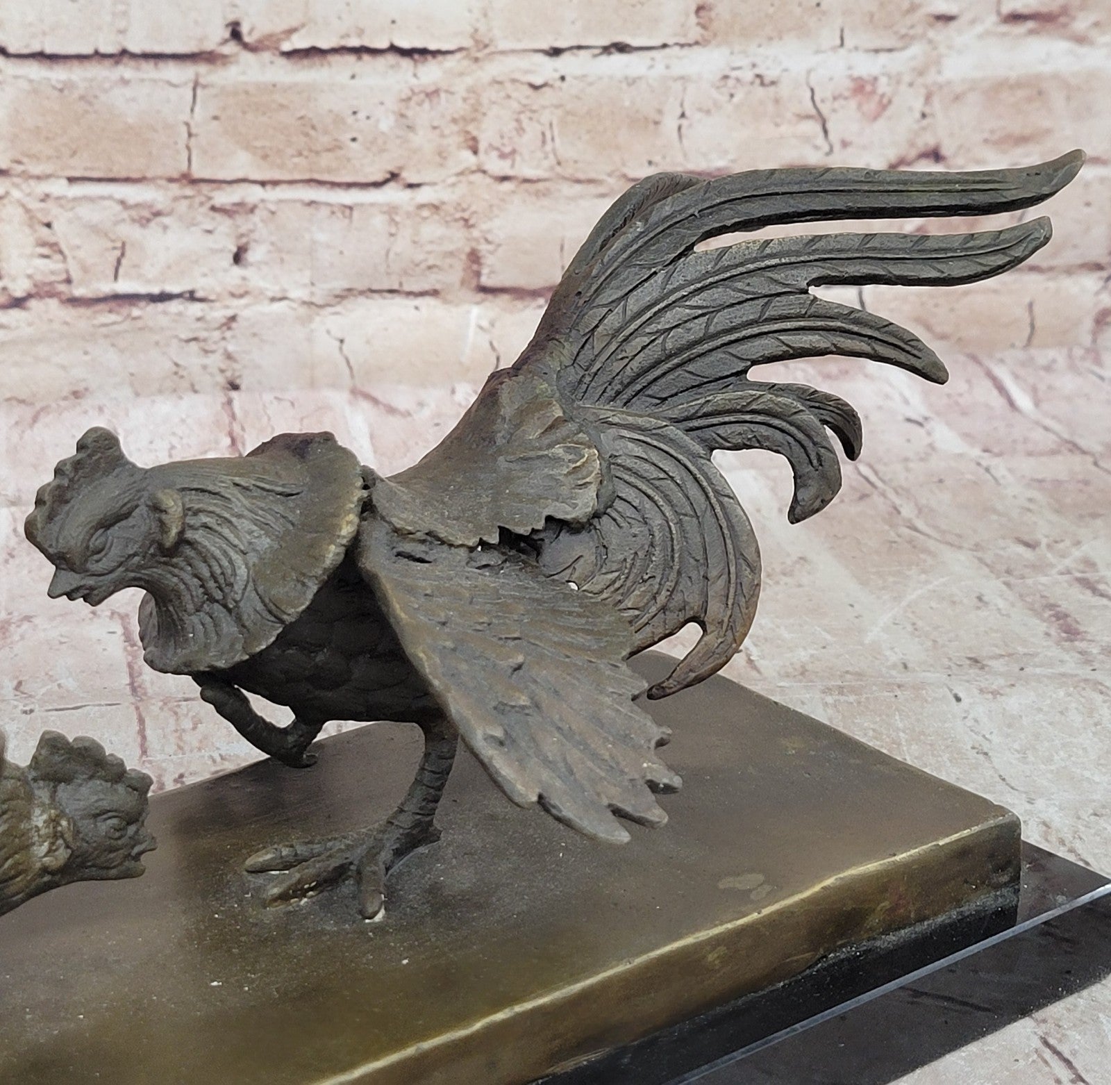 Hand Made Bronze Rooster Cock Fight Sculpture by Miguel Lopez on Marble Base
