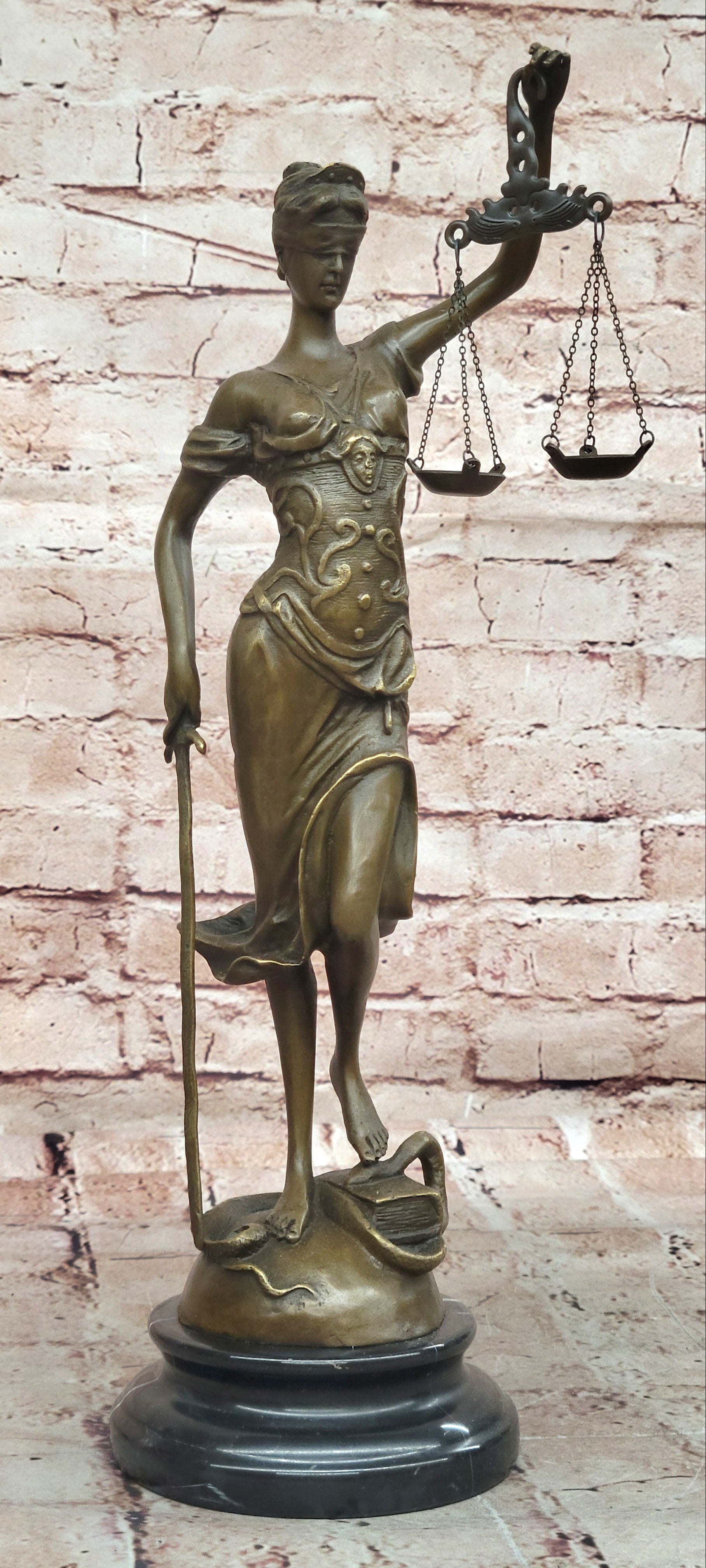 Real Bronze Metal Statue with Marble Lady Blind Justice Scales Lawyer Sculpture