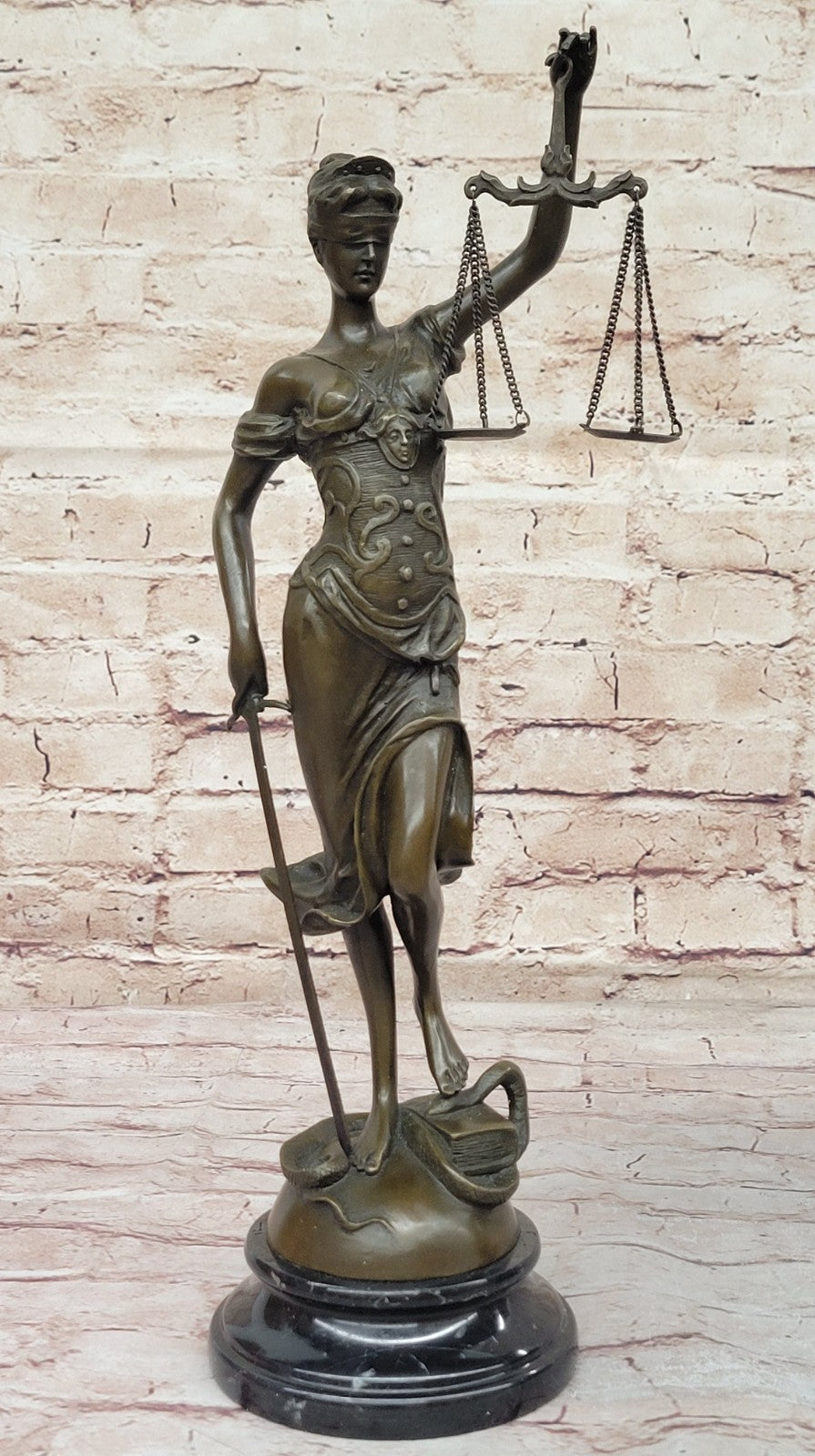 Real Bronze Metal Statue with Marble Lady Blind Justice Scales Lawyer Sculpture