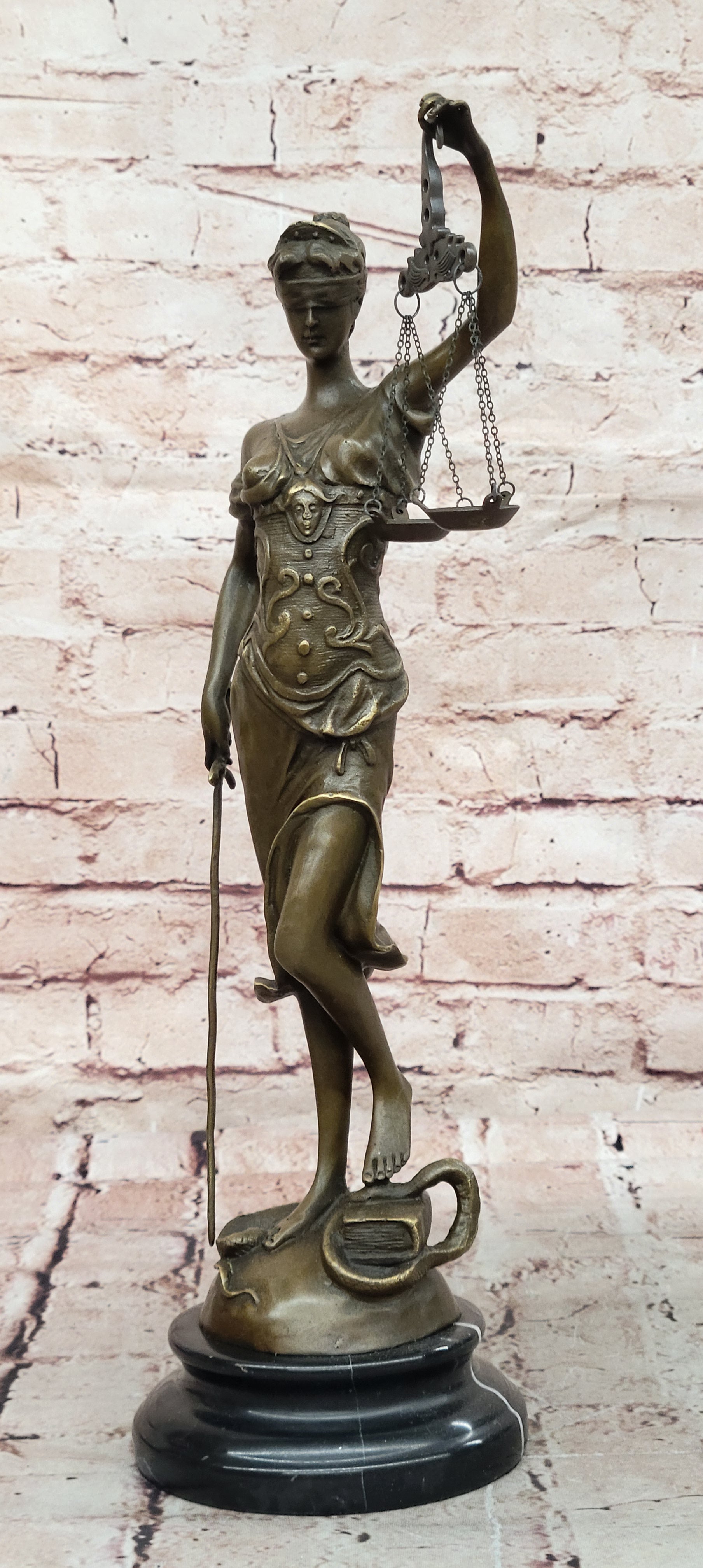 Real Bronze Metal Statue with Marble Lady Blind Justice Scales Lawyer Sculpture