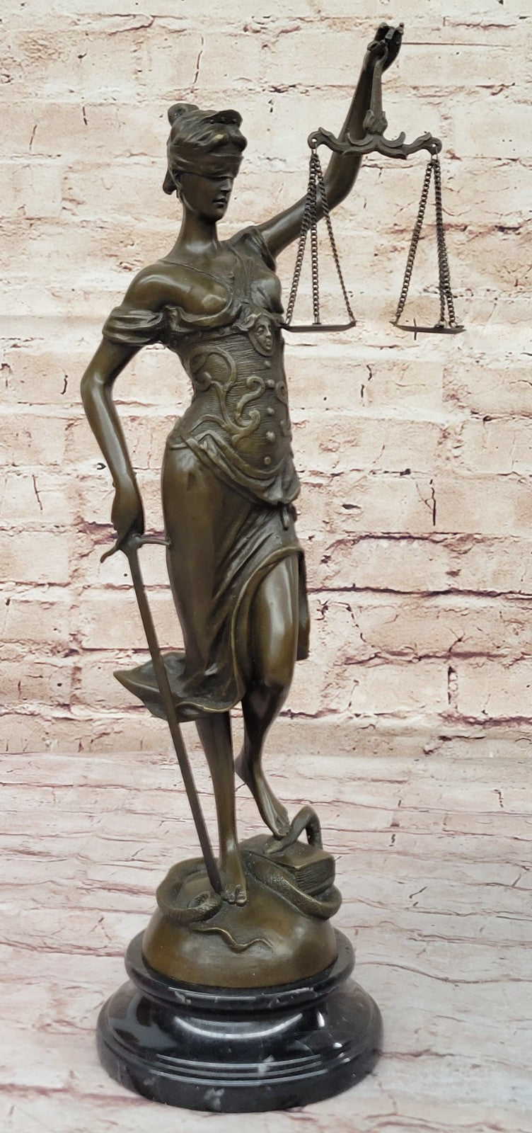 Real Bronze Metal Statue with Marble Lady Blind Justice Scales Lawyer Sculpture